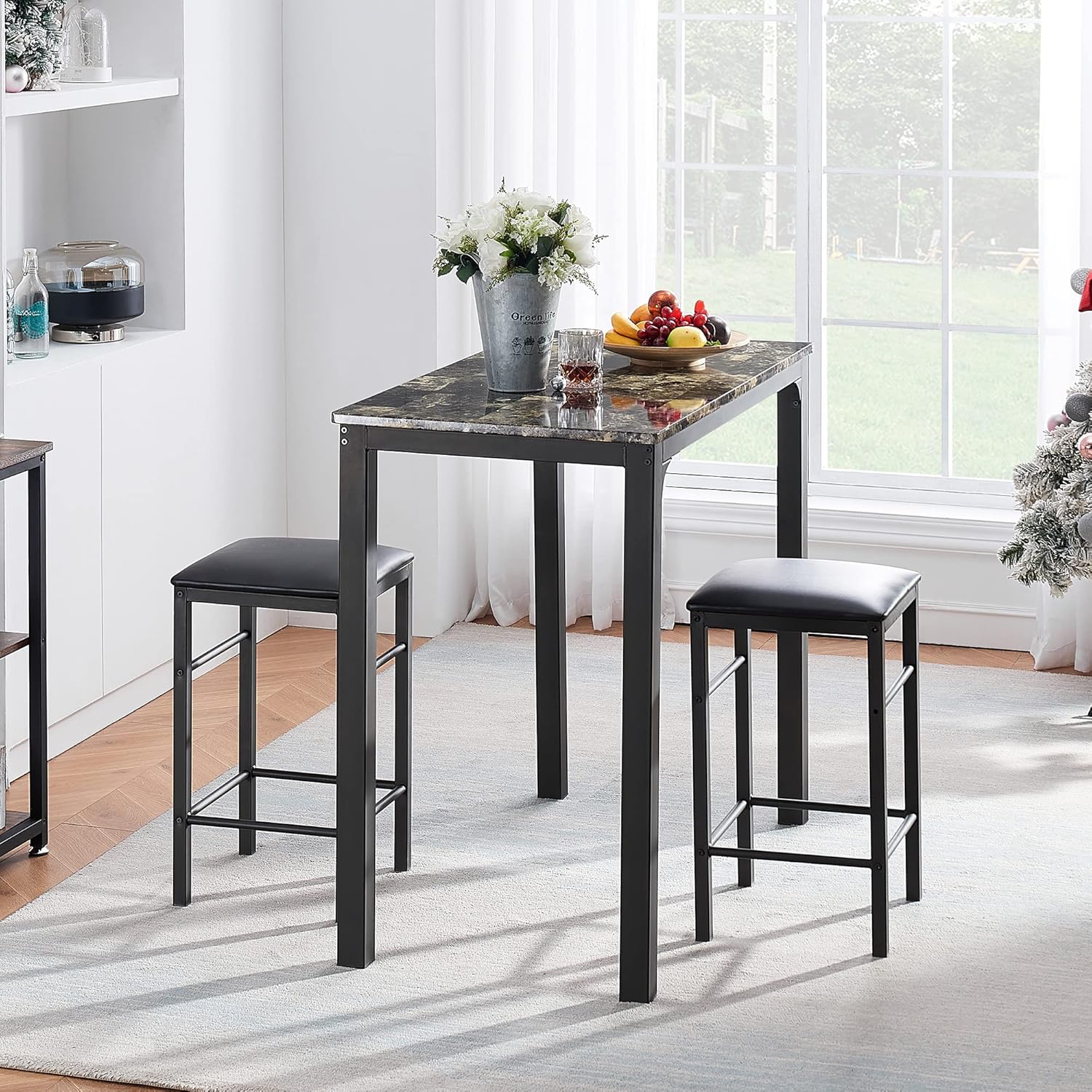 VECELO Taburetes de mesa de bar, 3 piezas rectangulares de altura de cocina, pub, mesa, sala de estar, bistró, juego de comedor para 2, negro retro