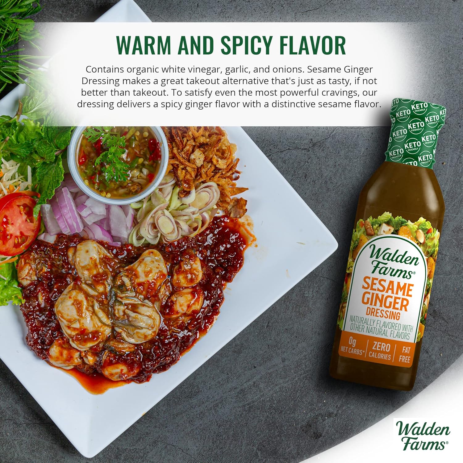 Walden Farms Aderezo de jengibre y sésamo, botella de 12.oz (paquete de 2)  Fresco y delicioso, 0.00 oz de carbohidratos netos, condimento Kosher,
