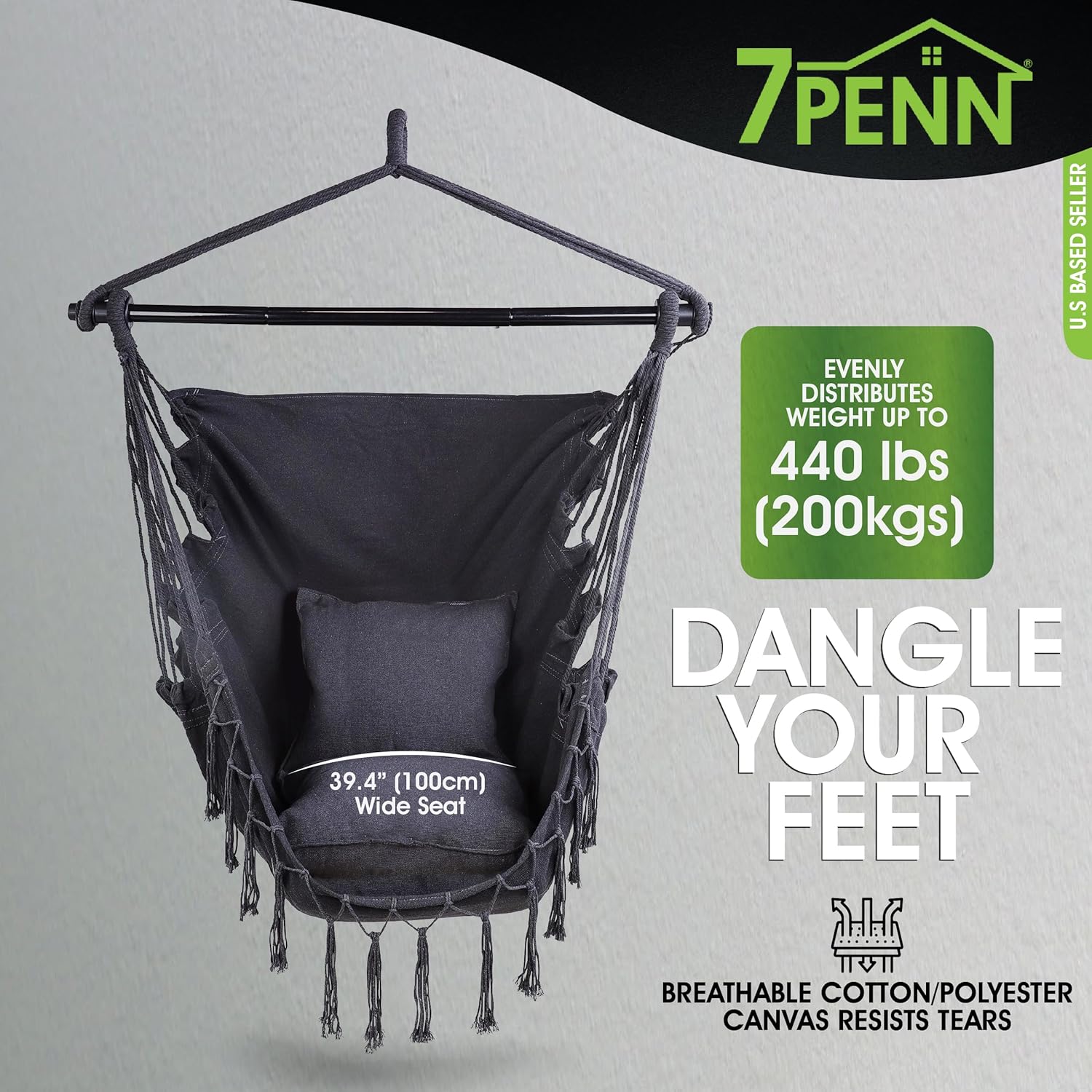 7Penn Silla hamaca colgante con cuerda  Capacidad de 440 libras, de algodón negro, para interiores y exteriores, estilo bohemio, macramé, silla
