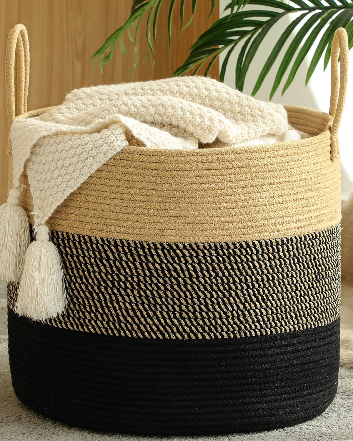 KAKAMAY Cesta grande para mantas (18 x 18 x 16 pulgadas), cesta tejida para ropa sucia para bebé, cestas de cuerda de algodón para guardería,