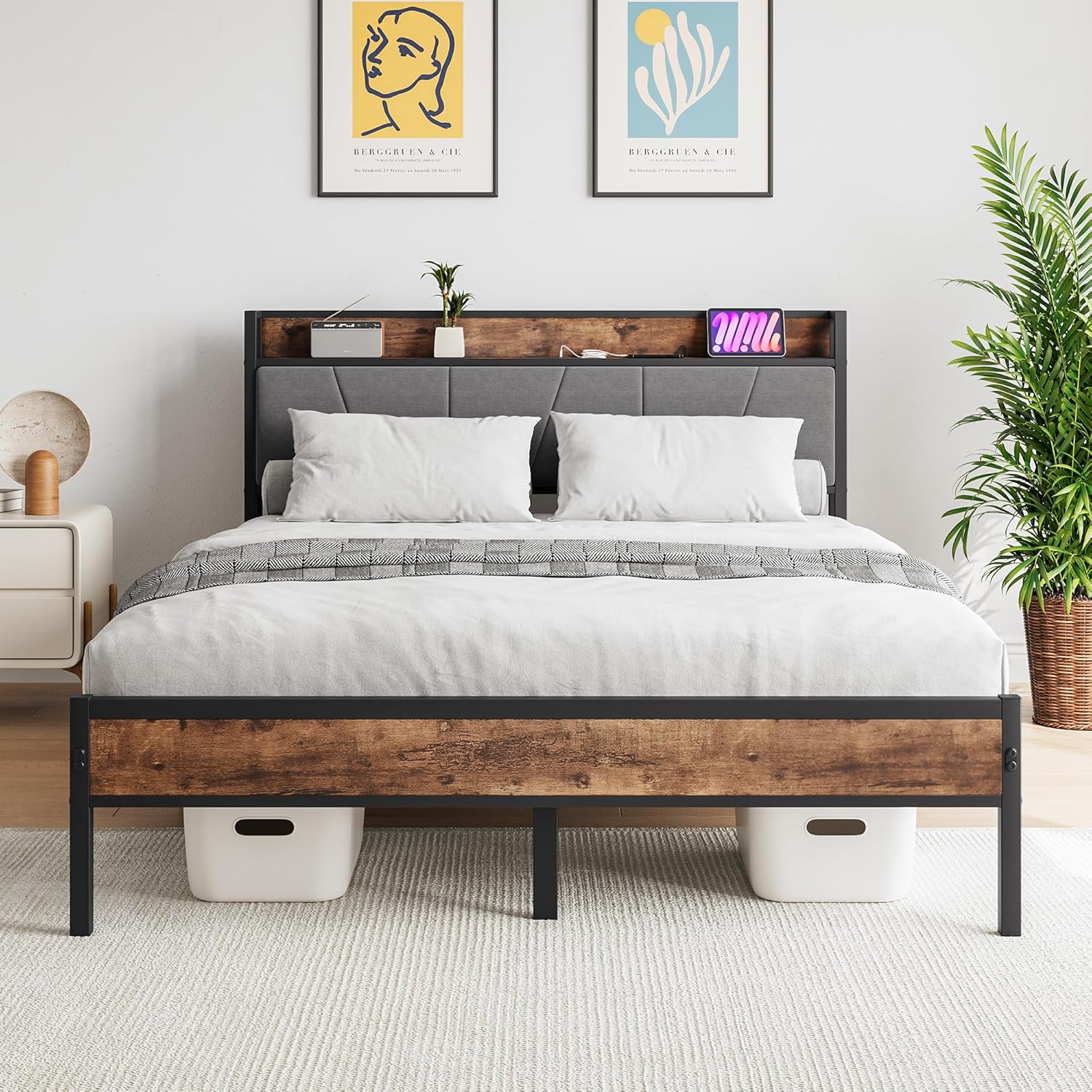 Base de cama Queen con cabecera de almacenamientoestación de carga, base de cama tapizada de metal resistente, marco de cama tamaño Queen con