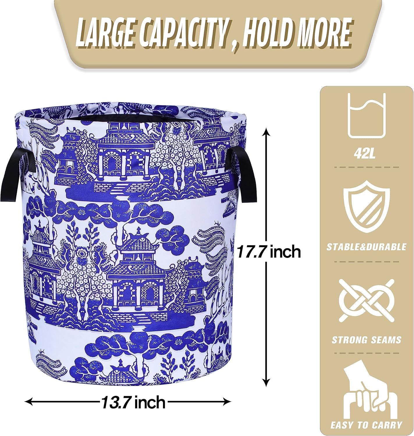 Cesta de lavandería de porcelana blanca y azul chinoiserie, plegable, de tela Oxford, divertida bolsa de lavandería, cesta de almacenamiento de