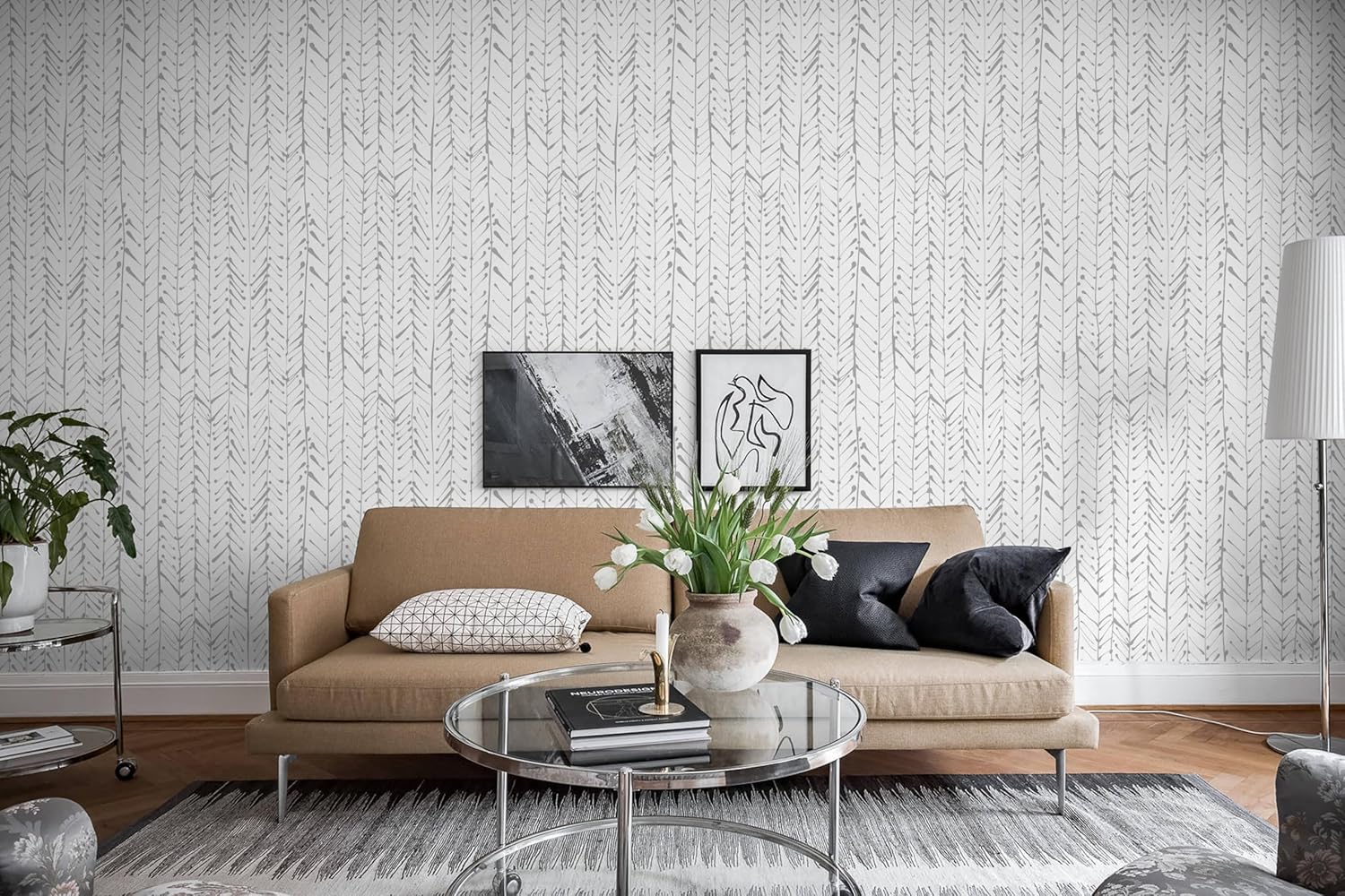 Guvana Papel tapiz de espiga gris y blanco, papel de contacto autoadhesivo a rayas, papel tapiz de despegar y pegar, papel tapiz extraíble para