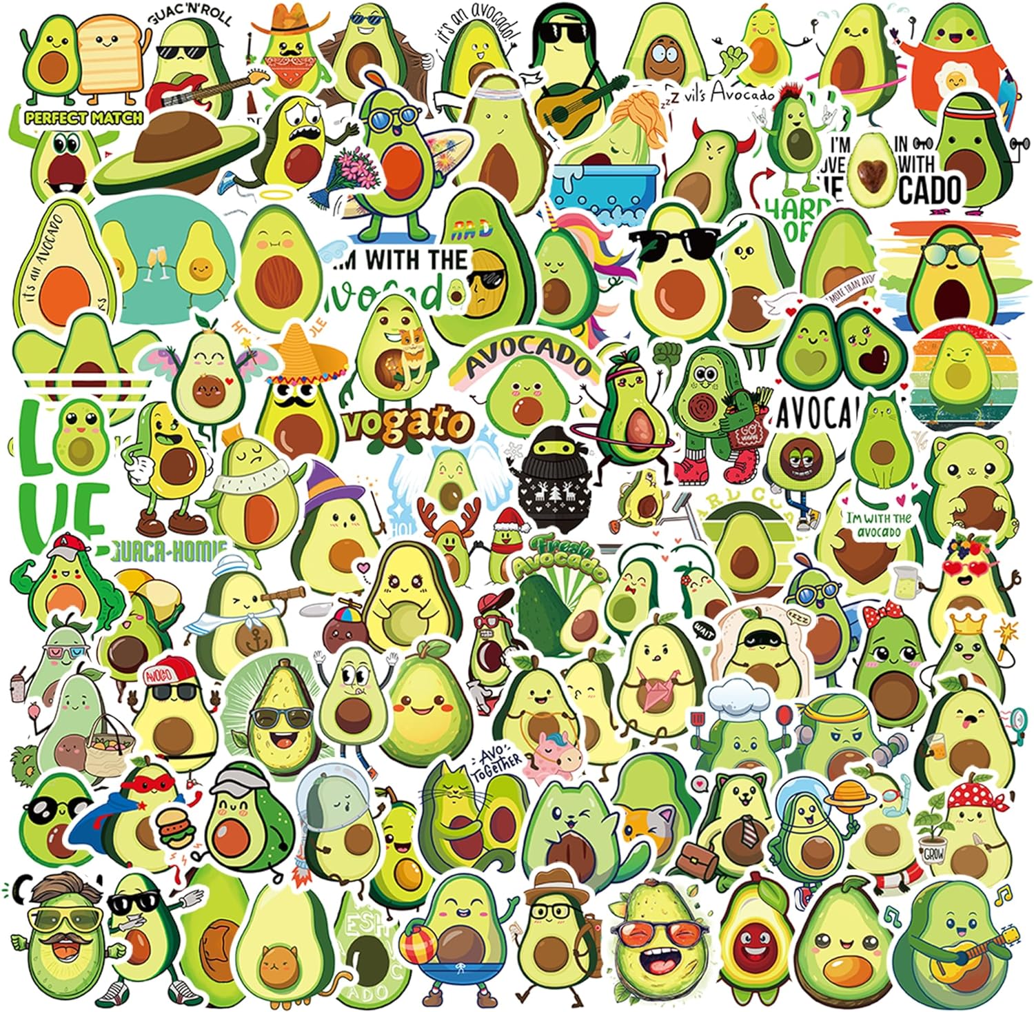 Dorgua 100 calcomanías de aguacate, calcomanías de vinilo de aguacate no repetitivas, lindas calcomanías de aguacate impermeables para botella de