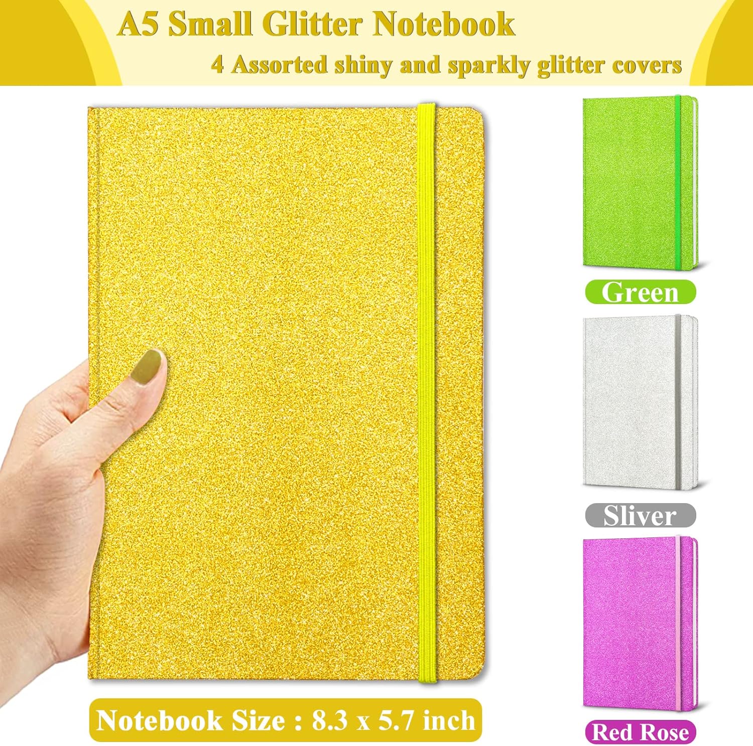 GINMLYDA A5 Glitter Notebook, Hardcover 160 Pages Never Peel Off Sparkle Glitter Lined Journal Notebook for Women Girls Writing Note Taking Works