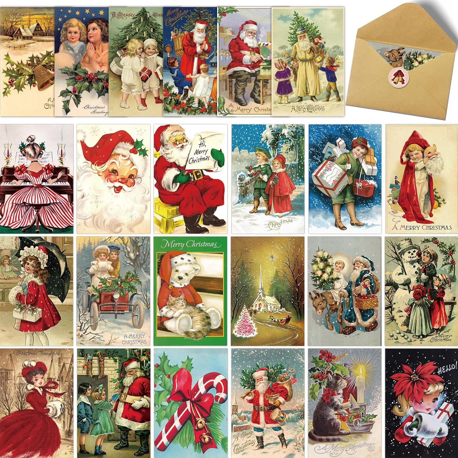 Juego de 24 tarjetas de Navidad vintage de Papá Noel con sobres y calcomanías de sellado, paquete de tarjetas retro de Feliz Navidad (24 diseños, 1