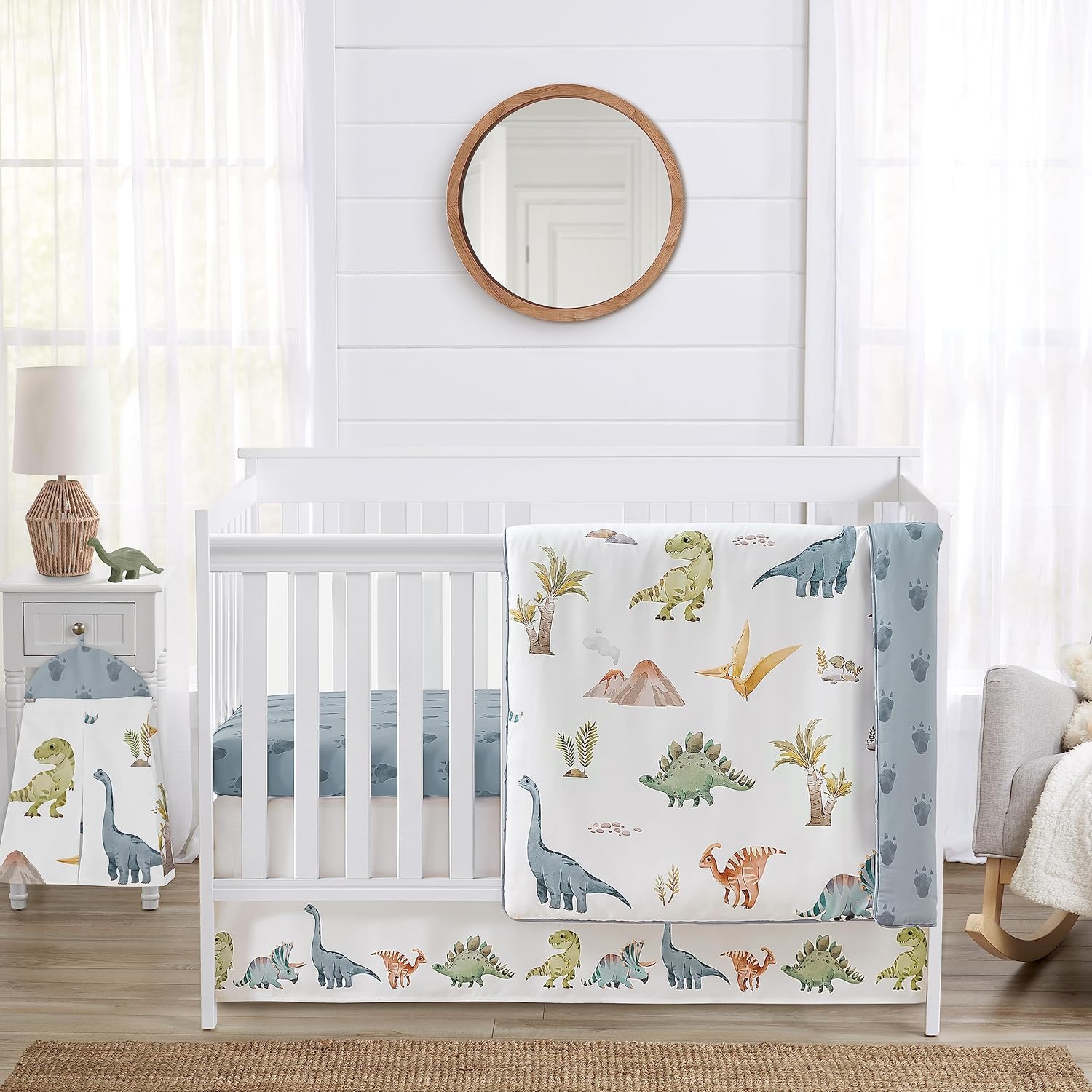 Sweet Jojo Designs Acuarela dinosaurio dinosaurio bebé niño cuna juego de ropa de cama bebé cuarto manta sábana bajera falda pañal apilador 4p verde