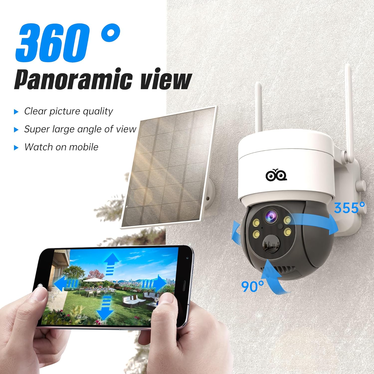 OVQ Cámara de seguridad solar inalámbrica de 4 MP para exteriores, 2.5 K con energía solarbatería para seguridad del hogar, cámara WiFi de 2.4 GHz