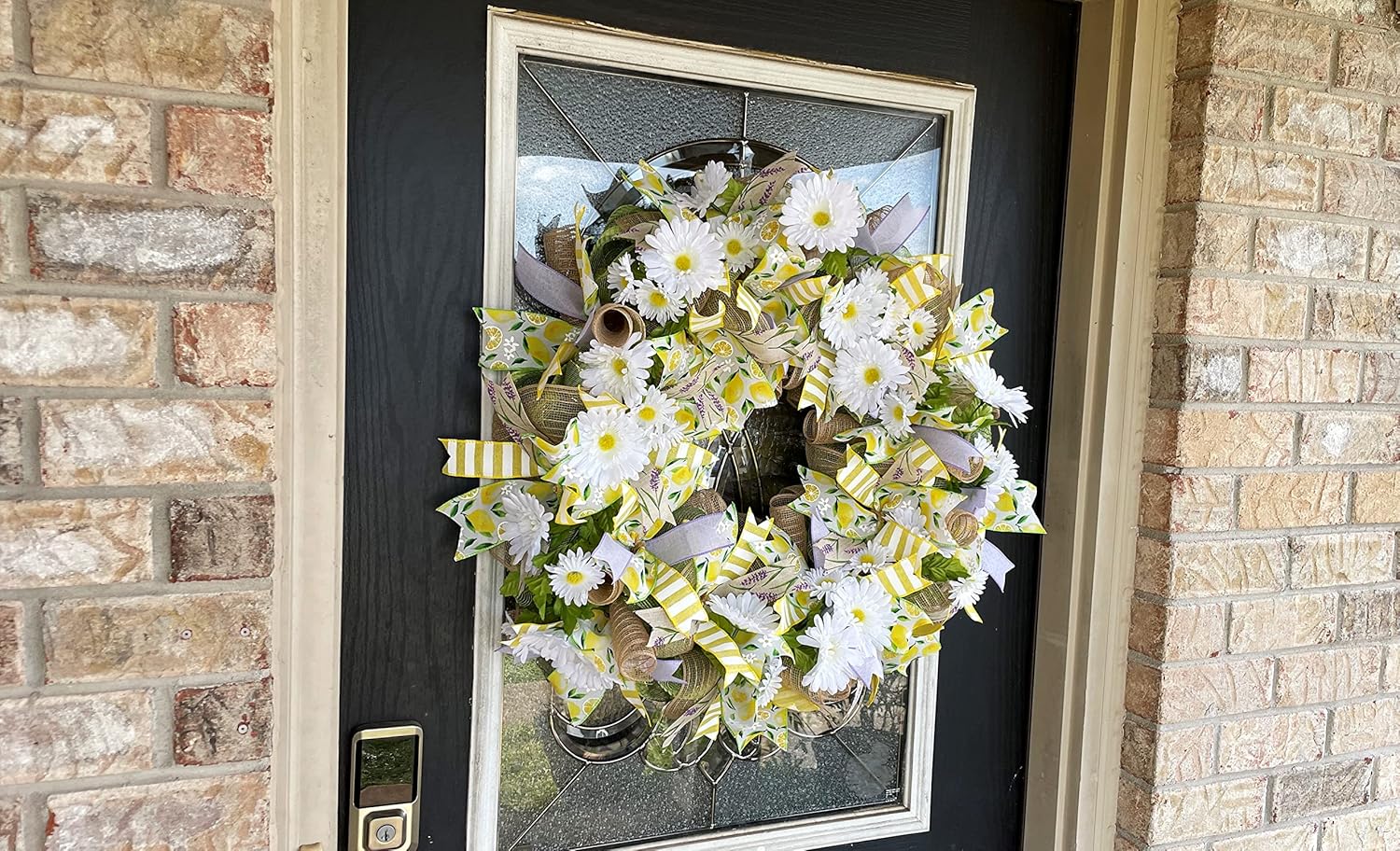 XL Lavender Lemon & Daisy Summer & Spring Deco Mesh Front Door Wreath, Porch Patio Home Decor, Handmade, Unique Gift Idea for Her