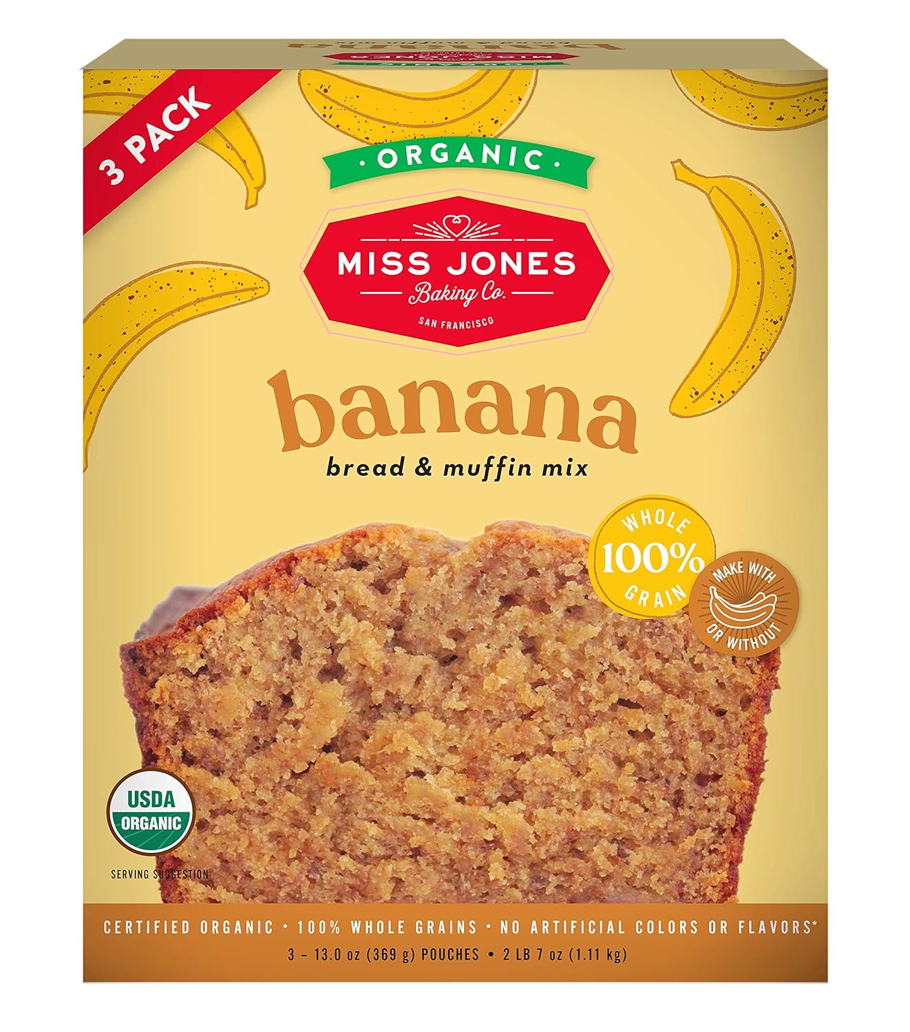 Miss Jones Baking Mezcla orgánica de pan de plátano y muffins, vegano, sin lácteos, sin soja y sin nueces (caja de 3 unidades)