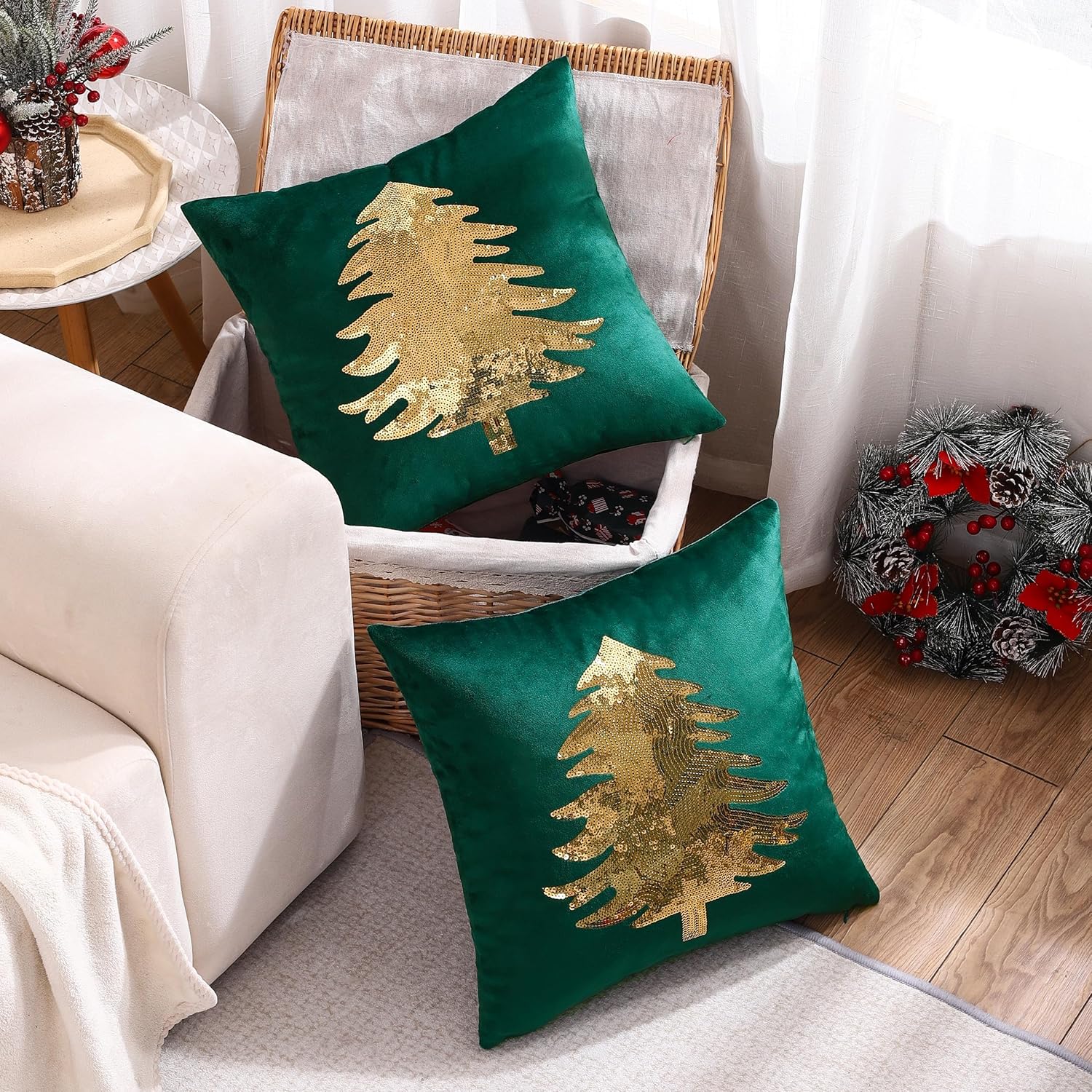 Fundas de almohada de Navidad de 18 x 18 pulgadas, juego de 2 fundas de almohada verde oscuro con lentejuelas para árbol de Navidad, decoración de