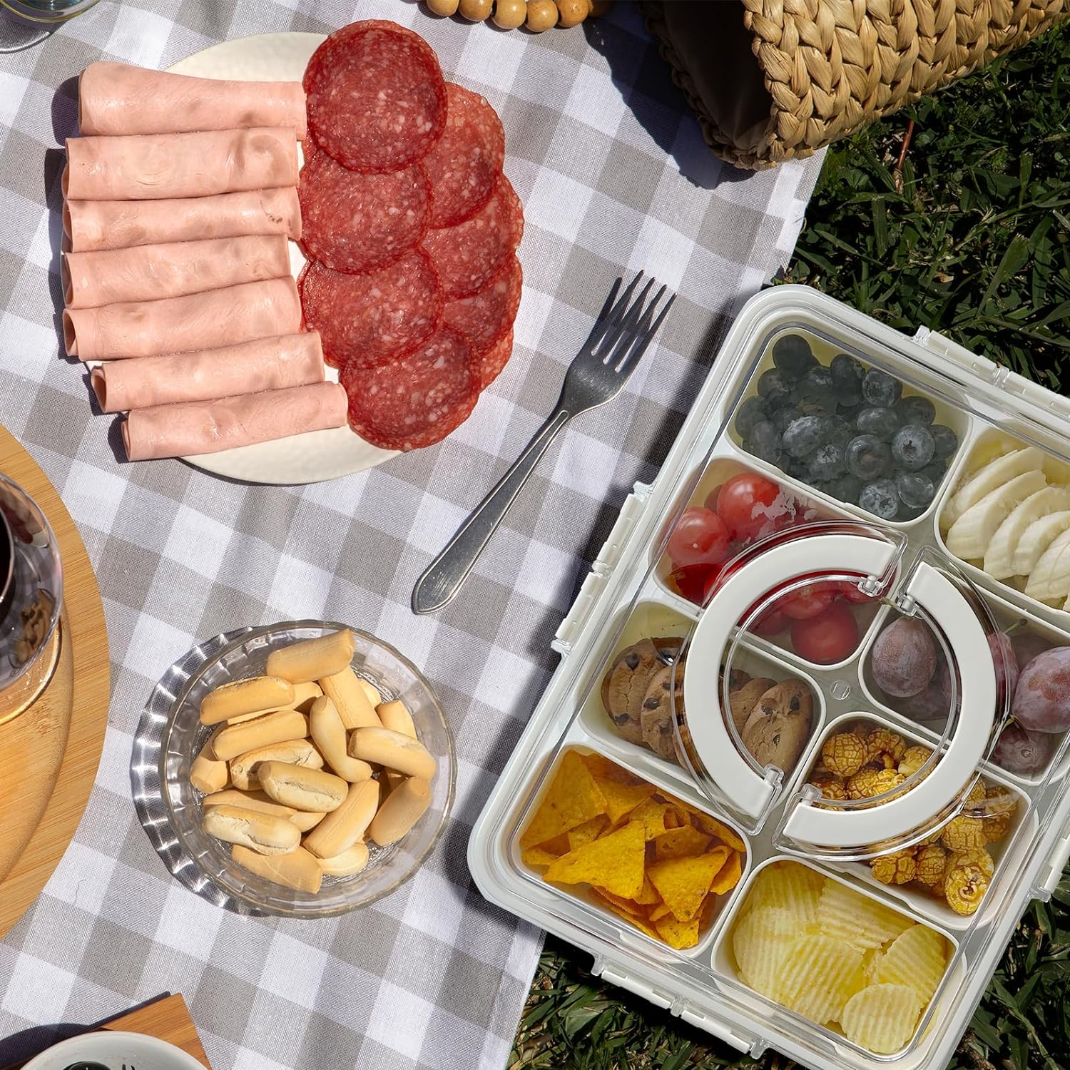 Caja dividida para aperitivos para charcutería, bandeja para verduras, bandeja para servir con tapa, organizador de platos para fiestas, picnic,