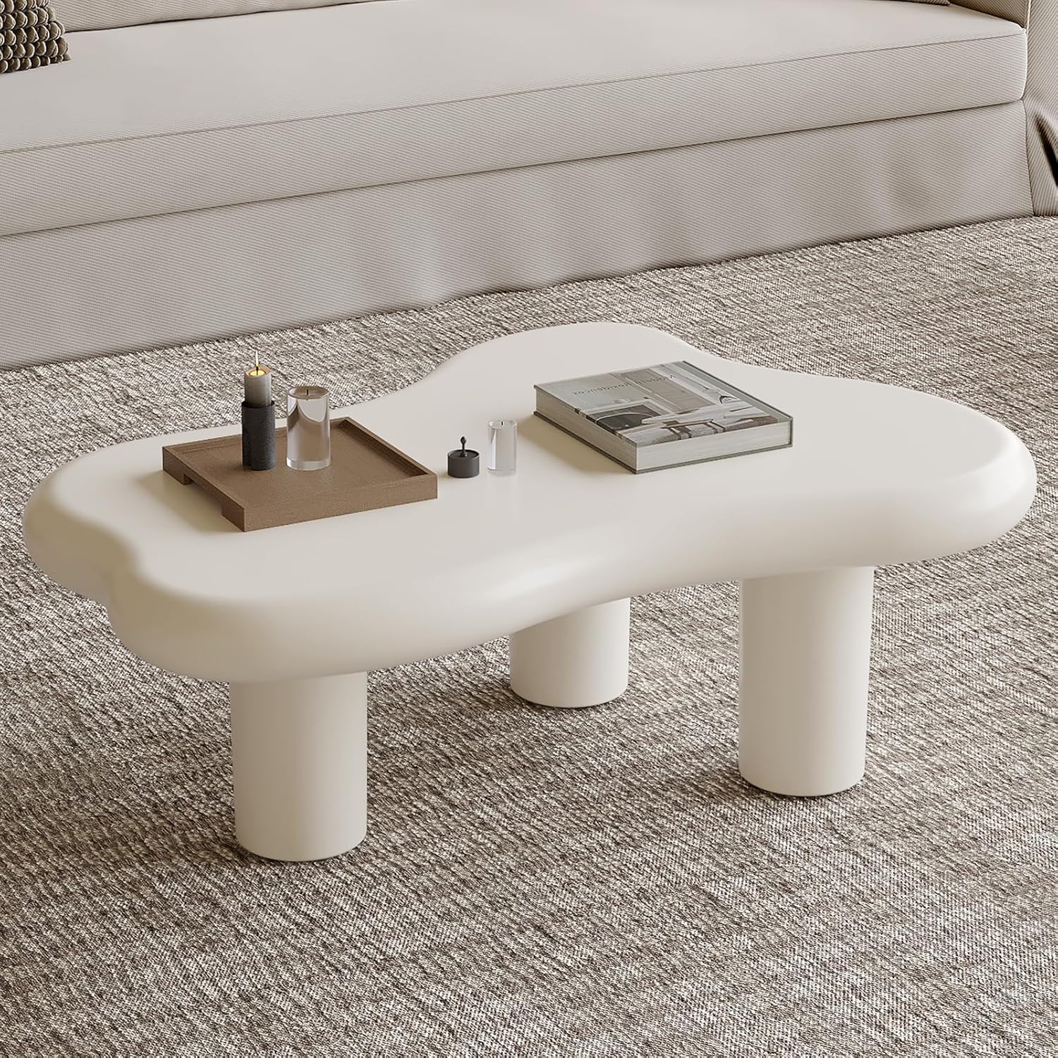 Mesa auxiliar blanca crema, mesa central baja de forma irregular, mesa auxiliar única para sala de estar, estilo nórdico moderno, lindo, mesa