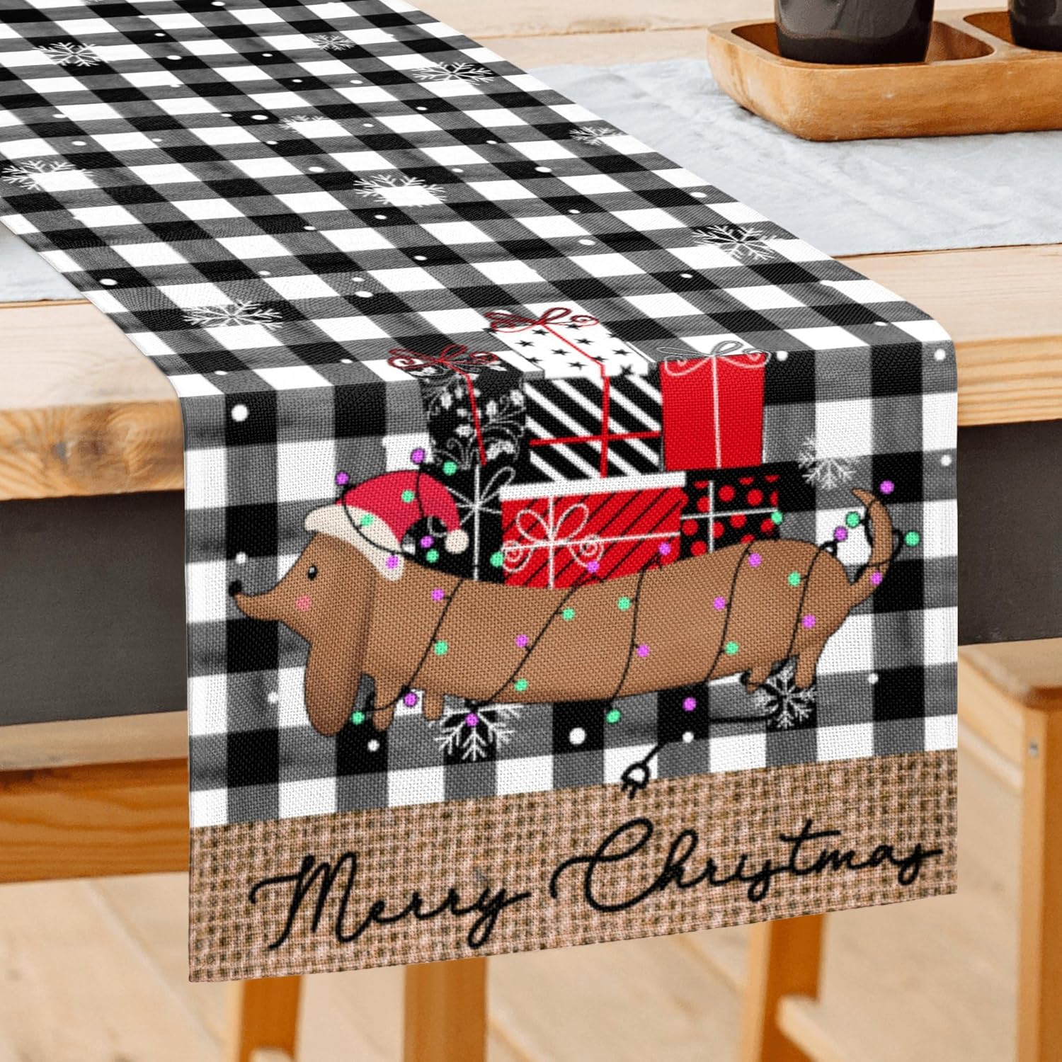 Camino de mesa de Navidad de 90 pulgadas de largo, búfalo negro, a cuadros, regalo de Navidad, decoración de mesa para el hogar, cocina, comedor,