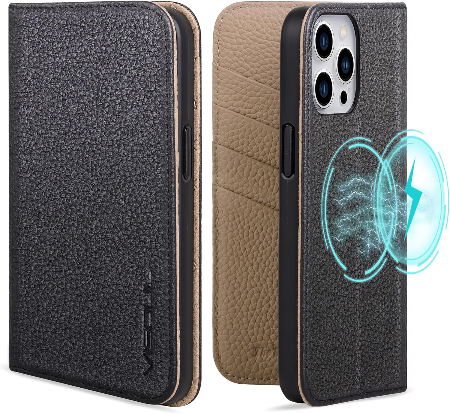 VISOUL Pebbled – Funda de piel auténtica para iPhone 15 Pro Max con soporte para tarjetas, funda magnética con función atril para iPhone 15 Pro Max