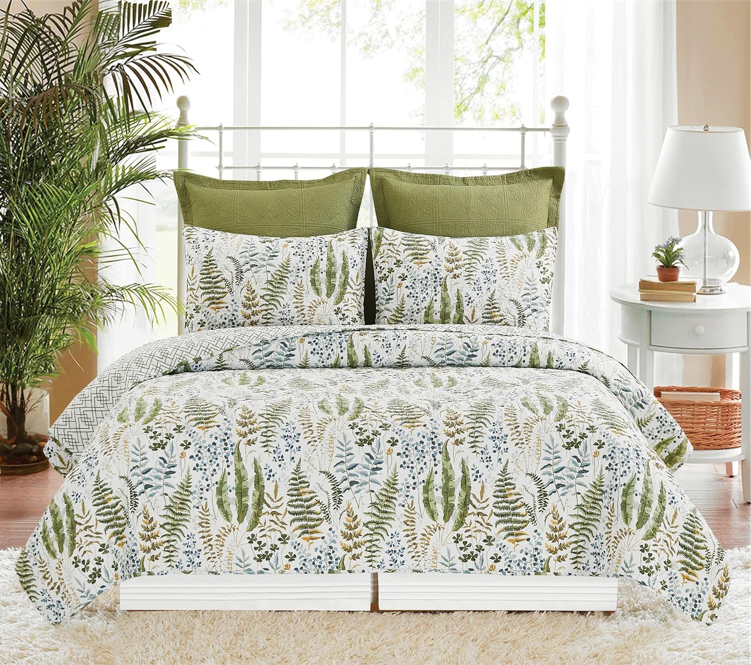 C&F Home Cecil – Juego de edredón reversible de 2 piezas tamaño individual con 1 funda de almohada estándar, color blanco y verde, acuarela