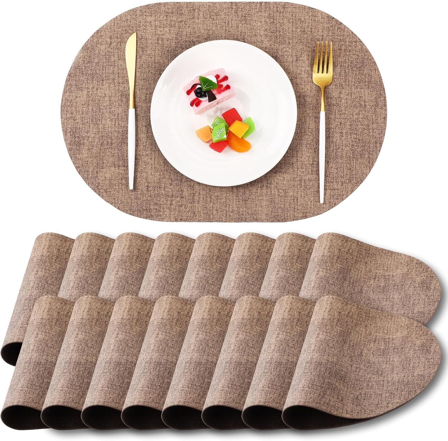 Mifoci 16 manteles individuales ovalados de doble cara lavables de piel sintética para mesa de comedor, manteles individuales resistentes al calor,
