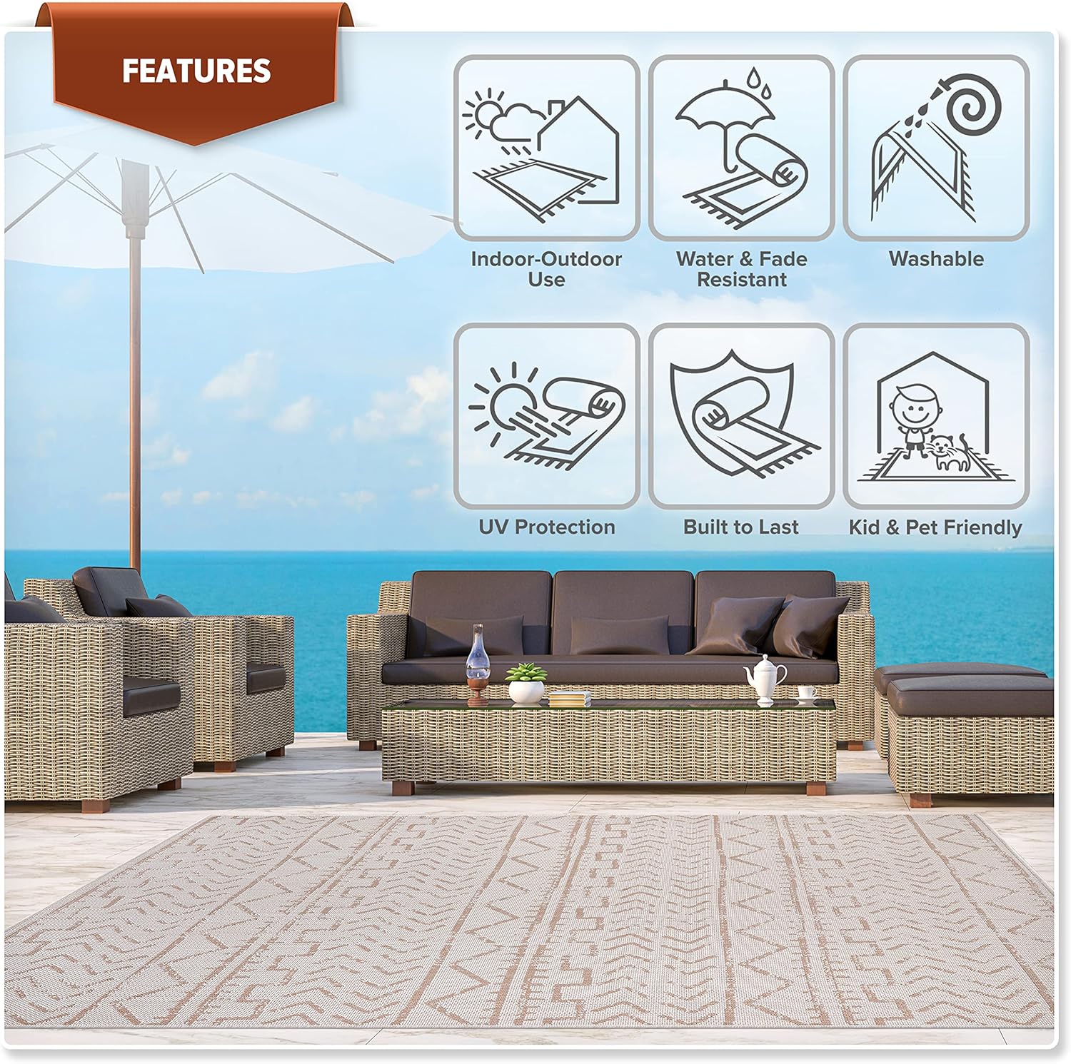 Beverly Rug Waikiki Collection  Alfombras para interiores y exteriores, color beige, blanco, azul, gris, gris oscuro, 5 x 8 pies (1.53 x 2.44 m), 6