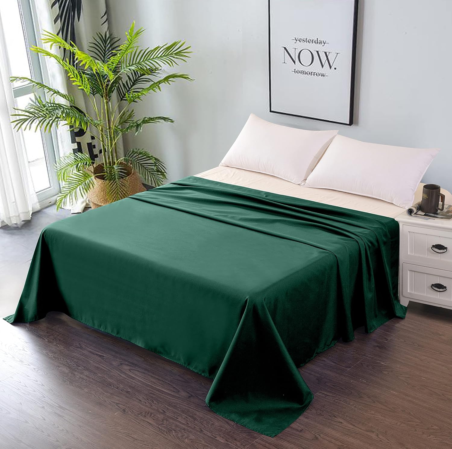 Juego de sábanas prémium de 4 piezas color verde cazador de 16 pulgadas de profundidad suave al tacto, plano, ajustado, fundas de almohada (Queen)