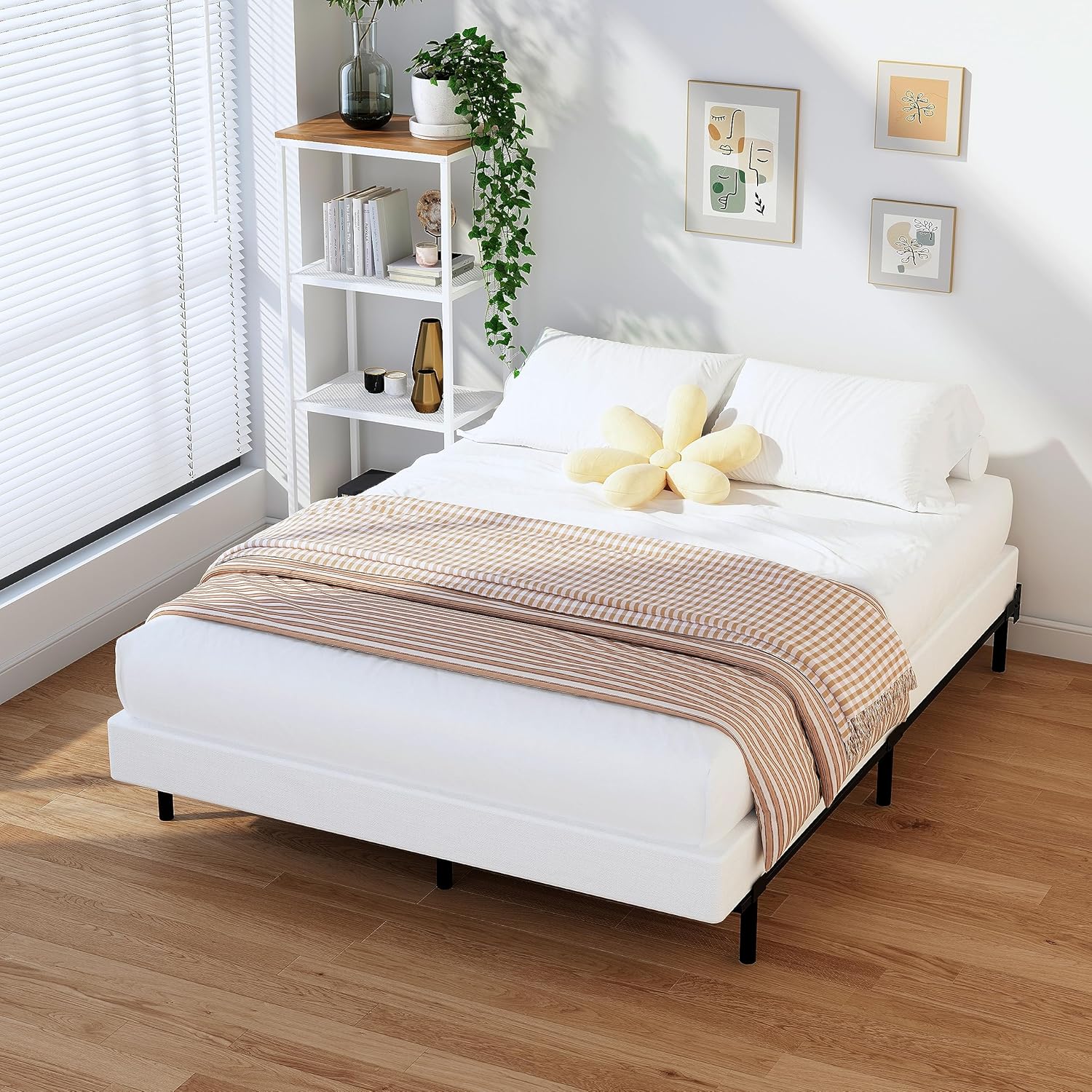 EMODA Base de cama tamaño matrimonial de 5 pulgadas, base de colchón de metal resistente de 3000 libras con funda de tela, fácil montaje, color negro