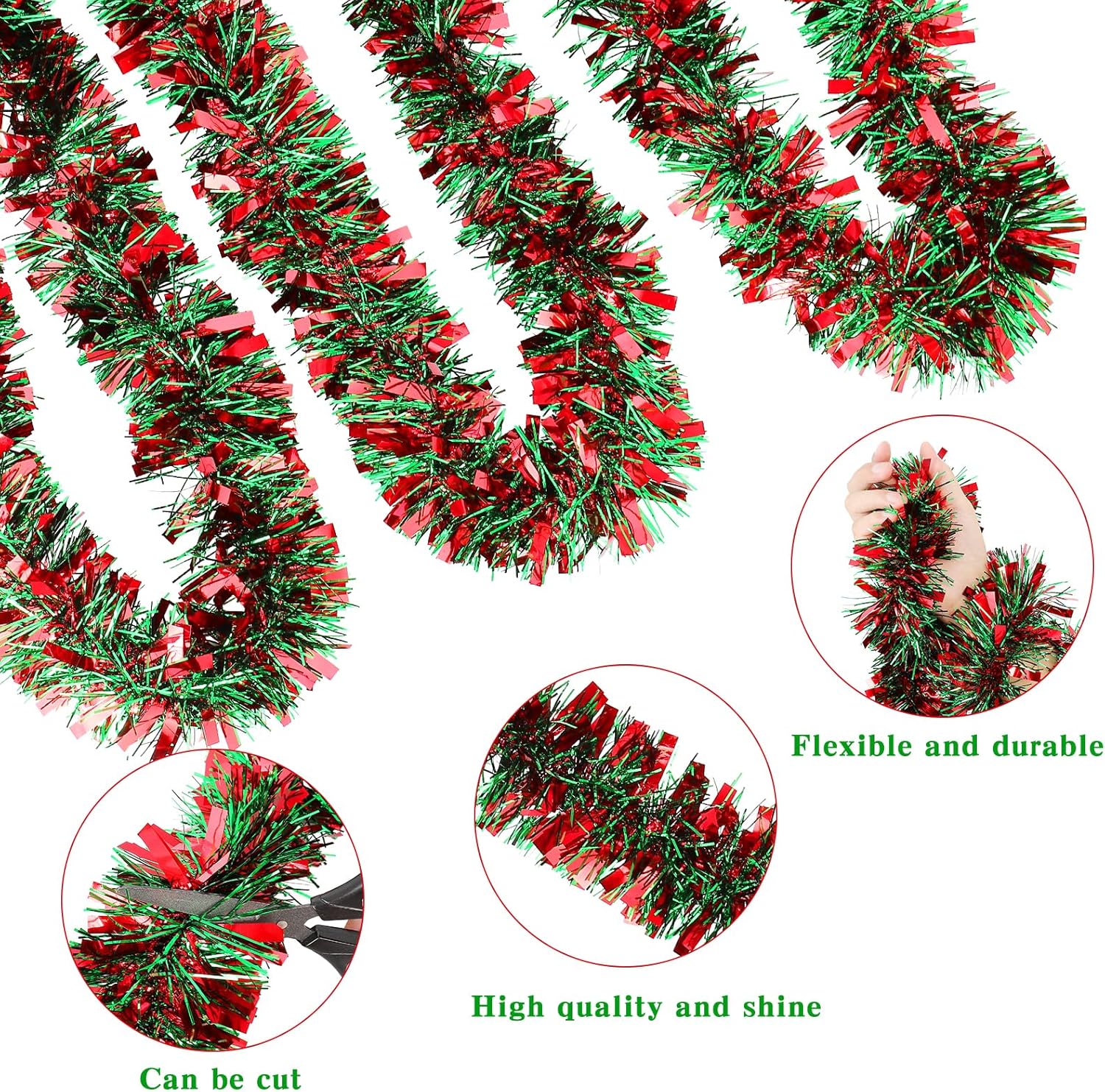 Guirnalda de oropel de Navidad de 72 pies, decoraciones metálicas gruesas y elásticas para árbol de Navidad, adornos de Navidad rojos y verdes