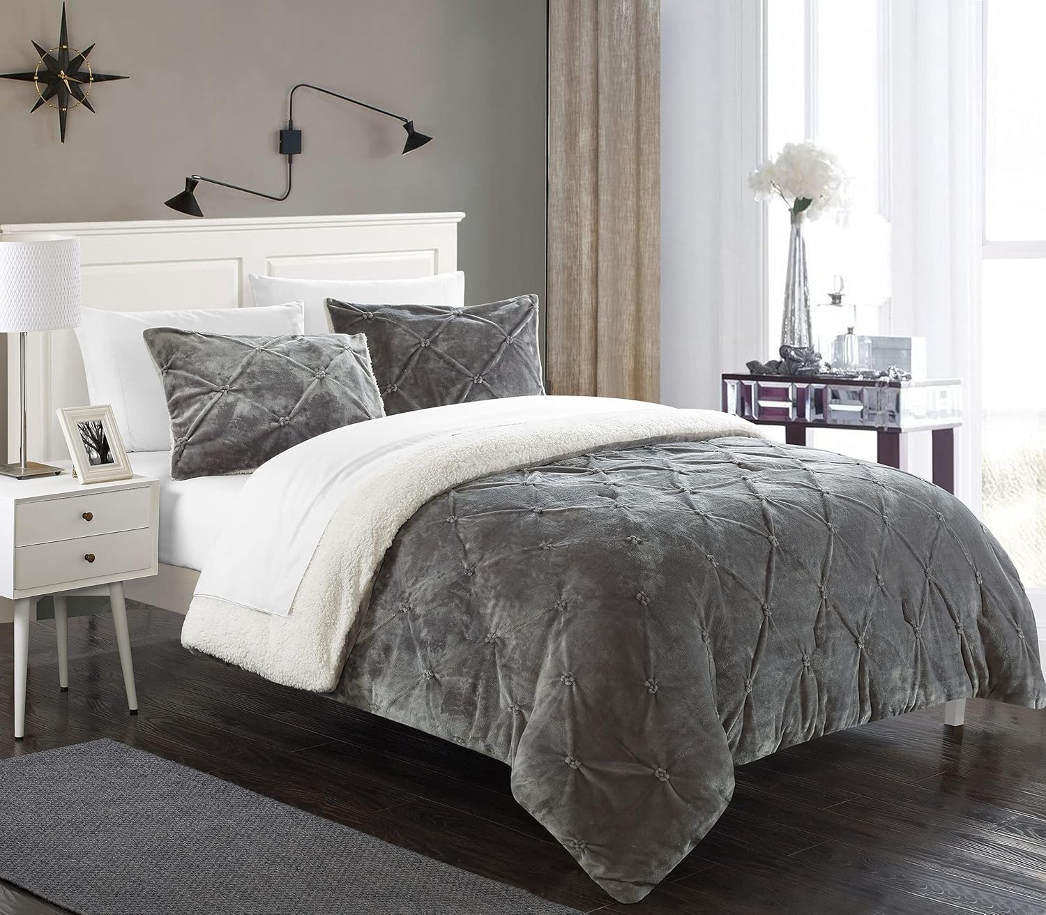 Chic Home CS4800-AN Josepha – Edredón plisado con volantes y frunces, forro de sherpa, beige, individual extra largo