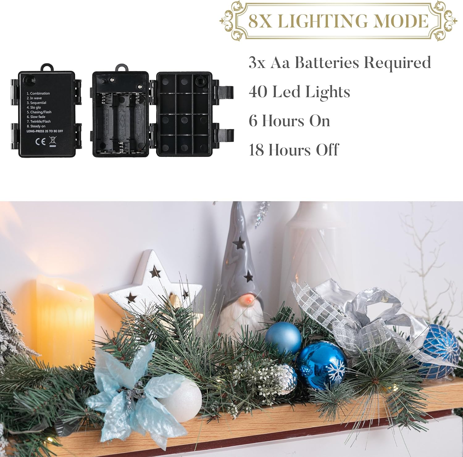 Valery Madelyn Guirnalda de Navidad preiluminada con luces para manto, guirnalda de Navidad iluminada a pilas de 6 pies con bolas plateadas azul