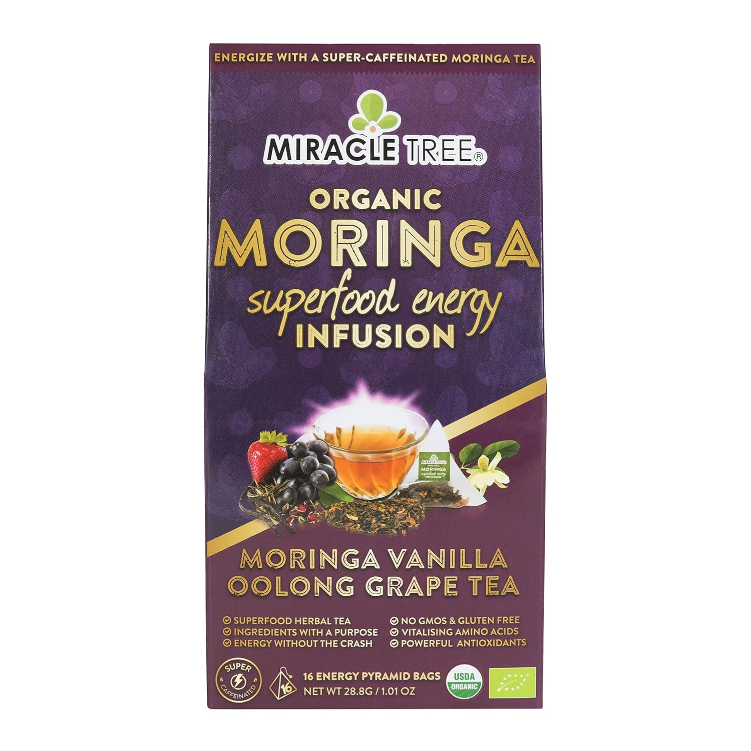 Miracle Tree ‘s Moringa Energy Tea – Uva Oolong de vainilla  Mezcla súper cafeína  Alternativa de café saludable, perfecta para concentrarse