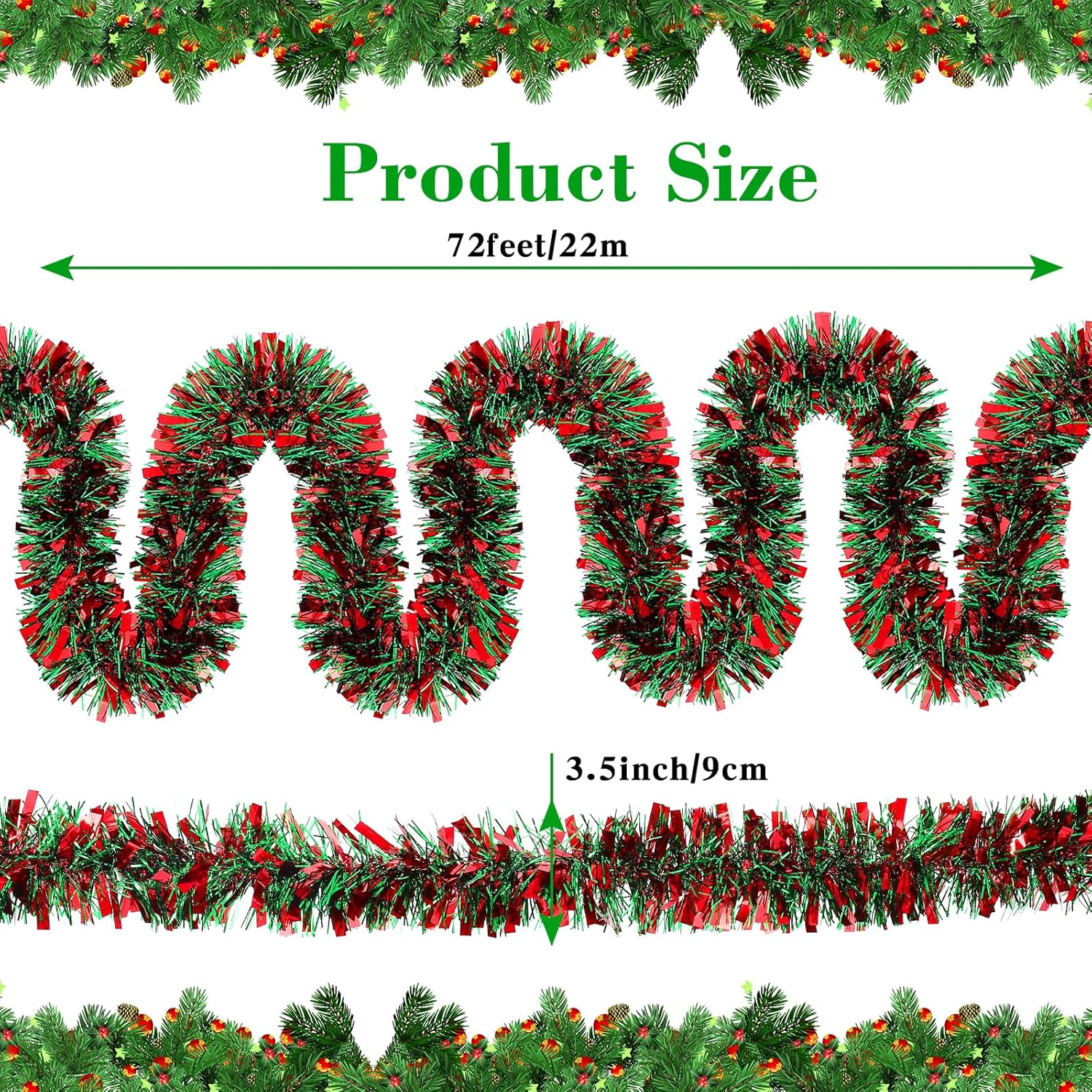 Guirnalda de oropel de Navidad de 72 pies, decoraciones metálicas gruesas y elásticas para árbol de Navidad, adornos de Navidad rojos y verdes