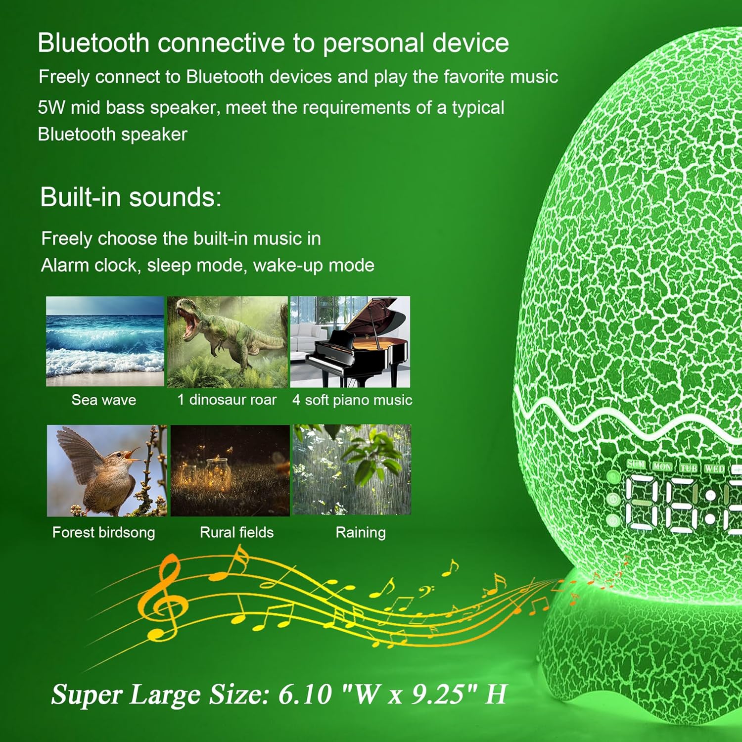 Unique Dragon Egg Alarm ClockNight LightLullaby White NoiseBluetooth Speaker 4-in-1, Remote Control 16 Colors & Brightness & Volume, for KidsAdult