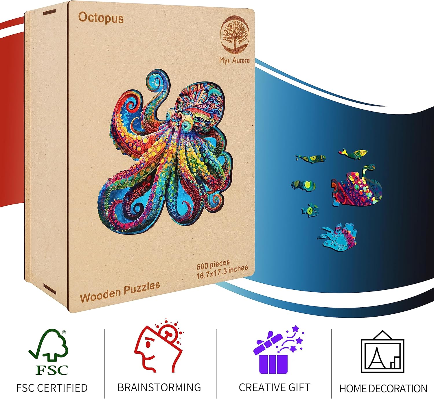 Mys Aurora Rompecabezas de madera únicos, pulpo de ágata, 300 piezas de tamaño mediano de 12.6 x 12.2 pulgadas, lujoso rompecabezas de madera con