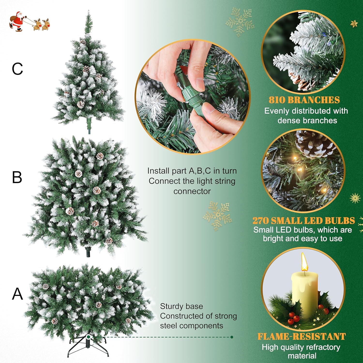 Prelit Árbol de Navidad artificial de 6 pies con luces, conos de pino, árbol de Navidad flocado con 270 luces LED blancas cálidas, 810 puntas de