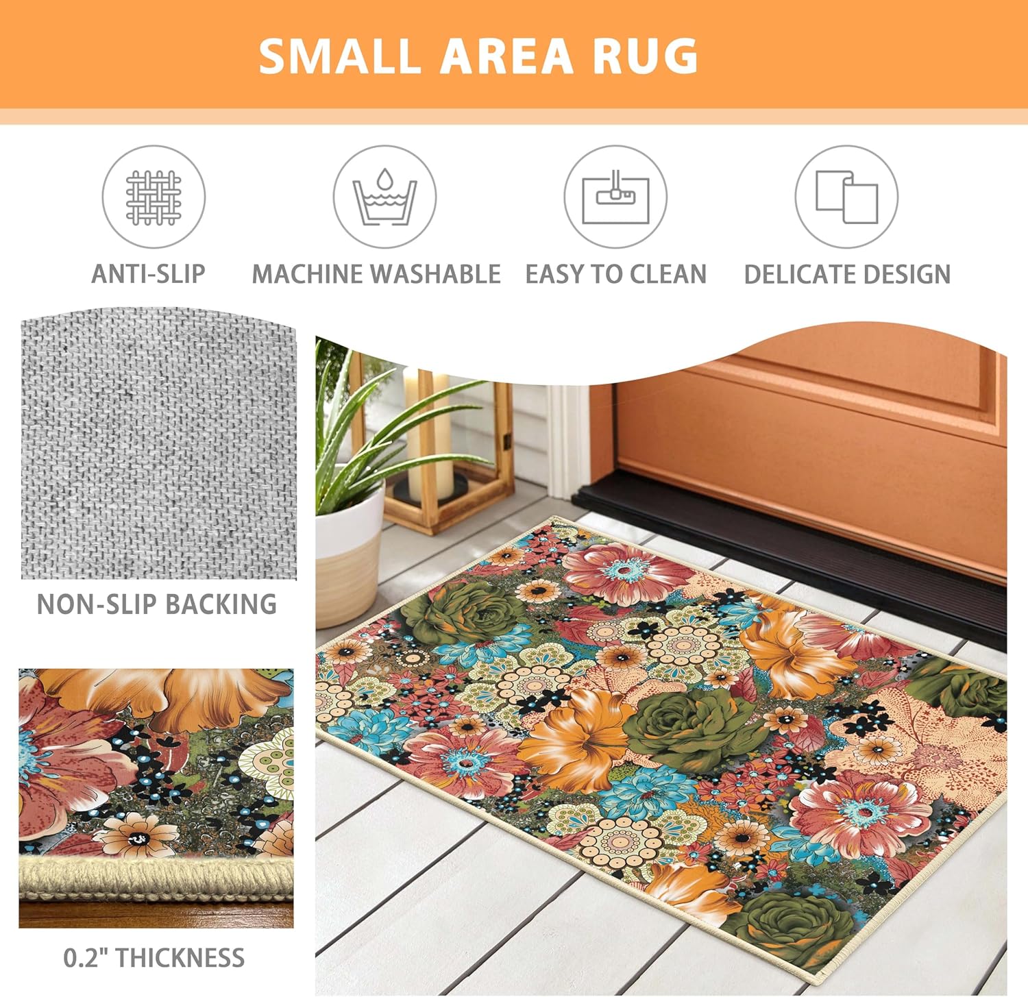 keensoft Alfombra de área floral colorida de 2 x 3 pies, tapete retro de flores bohemias, antideslizantes, lavables a máquina, alfombras pequeñas,