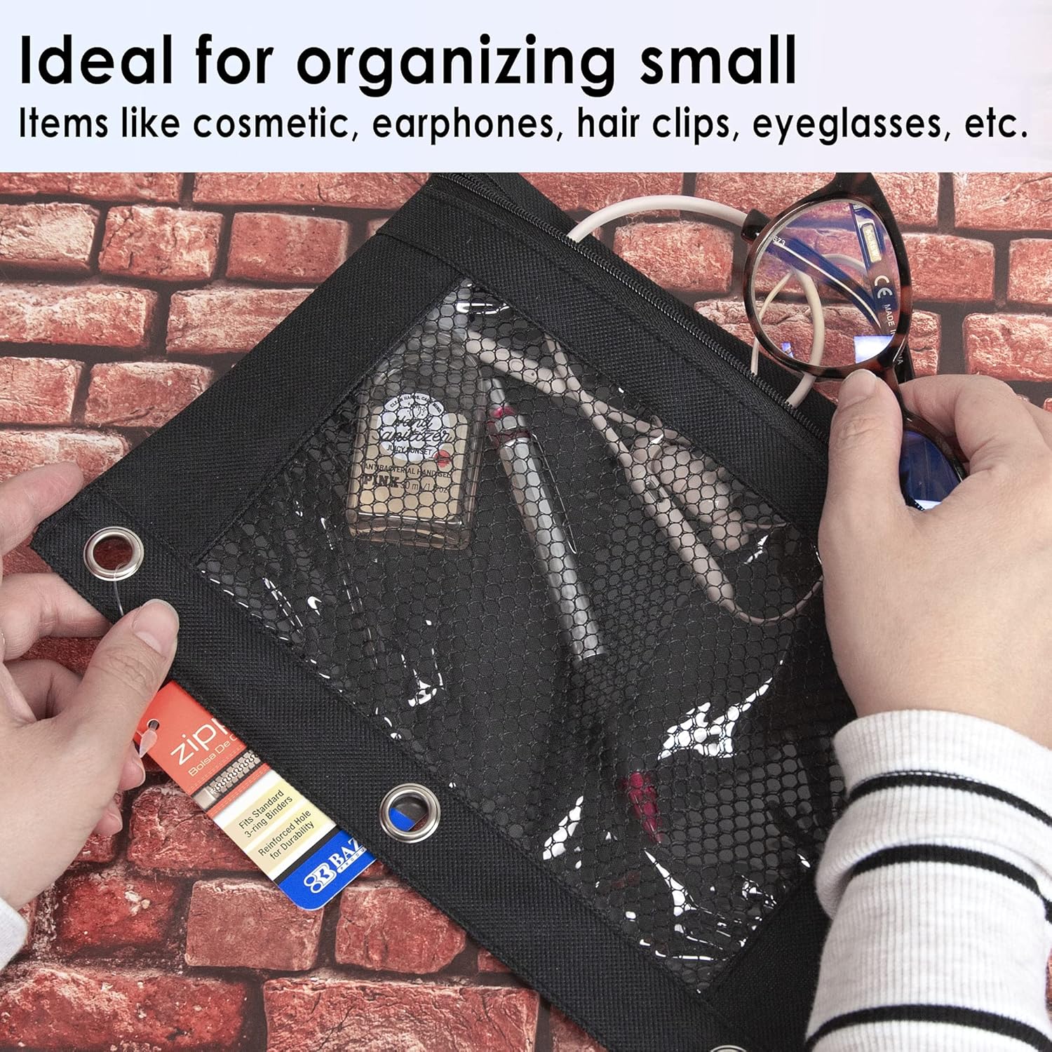 BAZIC – Estuche para lápices de 3 anillos con agujero de anillos reforzados, bolsas de malla negra con cremallera para ventana, 4 unidades