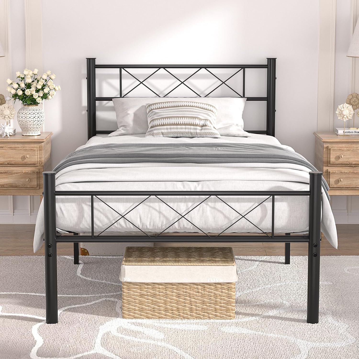 VECELO Base de cama tamaño individual con cabecero, plataforma resistente y base de colchón con soporte de listones de metal, no necesita somier,