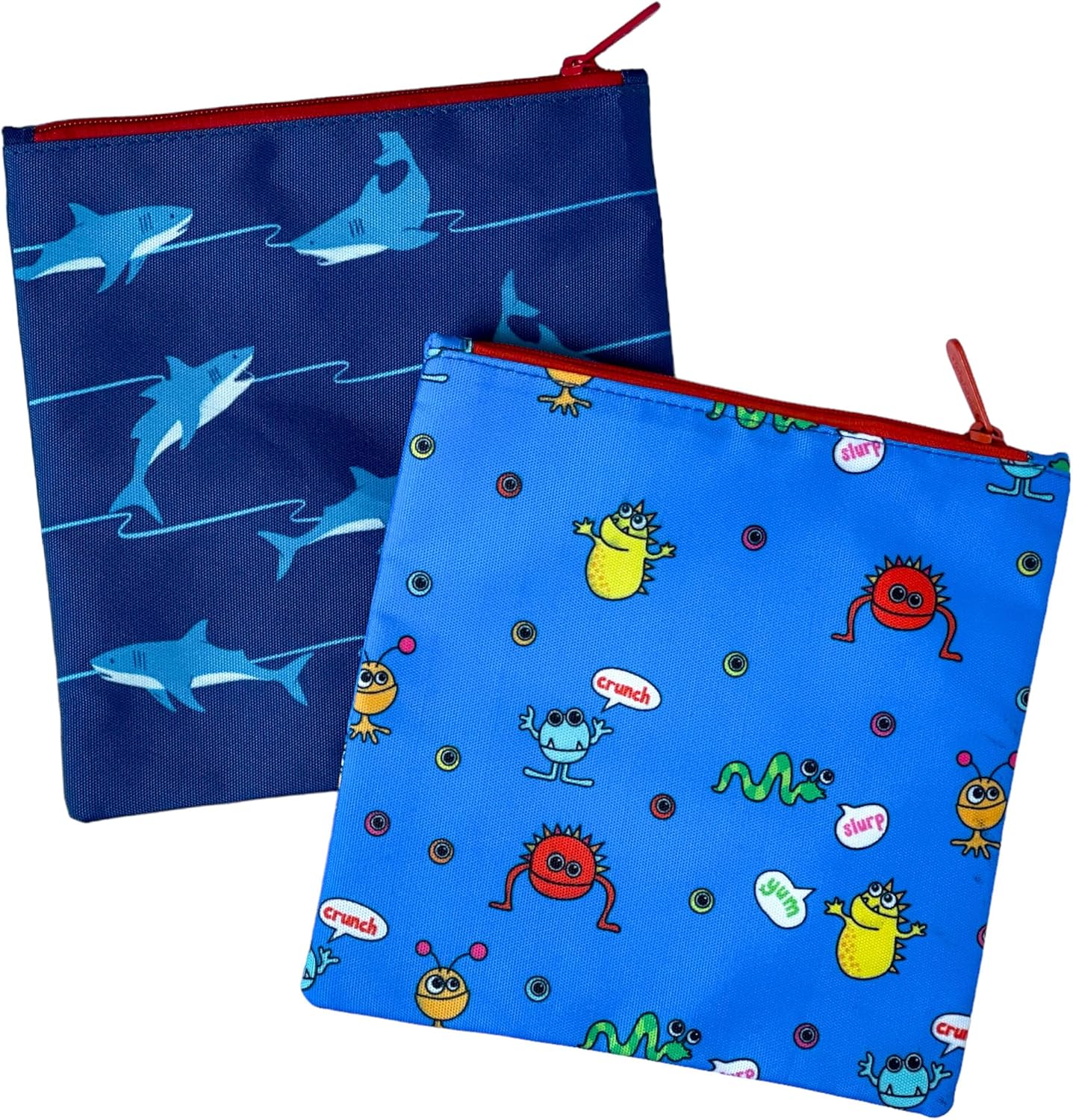 Yumbox Bolsas de tela reutilizables para sándwiches y aperitivos (paquete de 2) con estampados de tiburones atlánticos y monstruos divertidos para