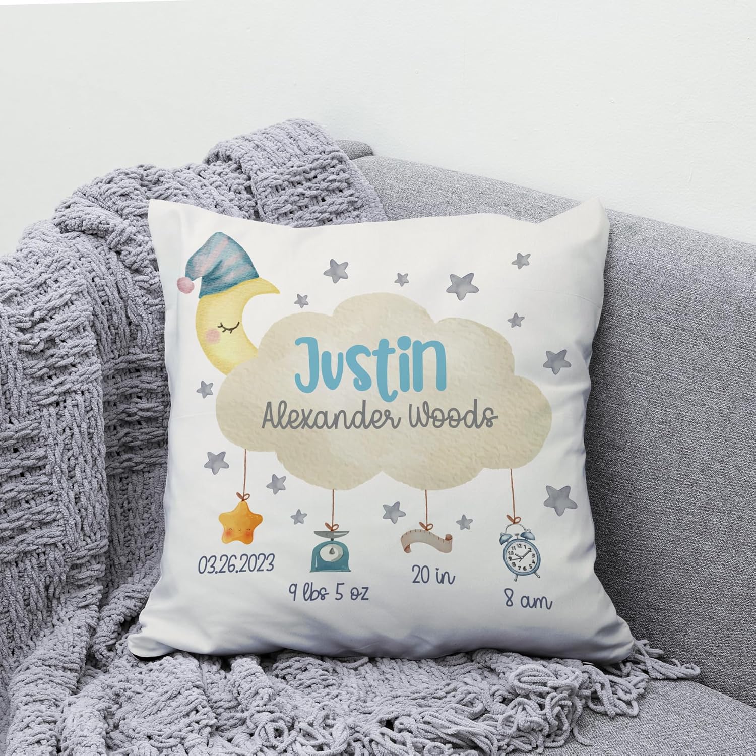 Hyturtle Almohada personalizada con anuncio de nacimiento para niños y niñas (inserto incluido), almohada de guardería, almohada de estadísticas de