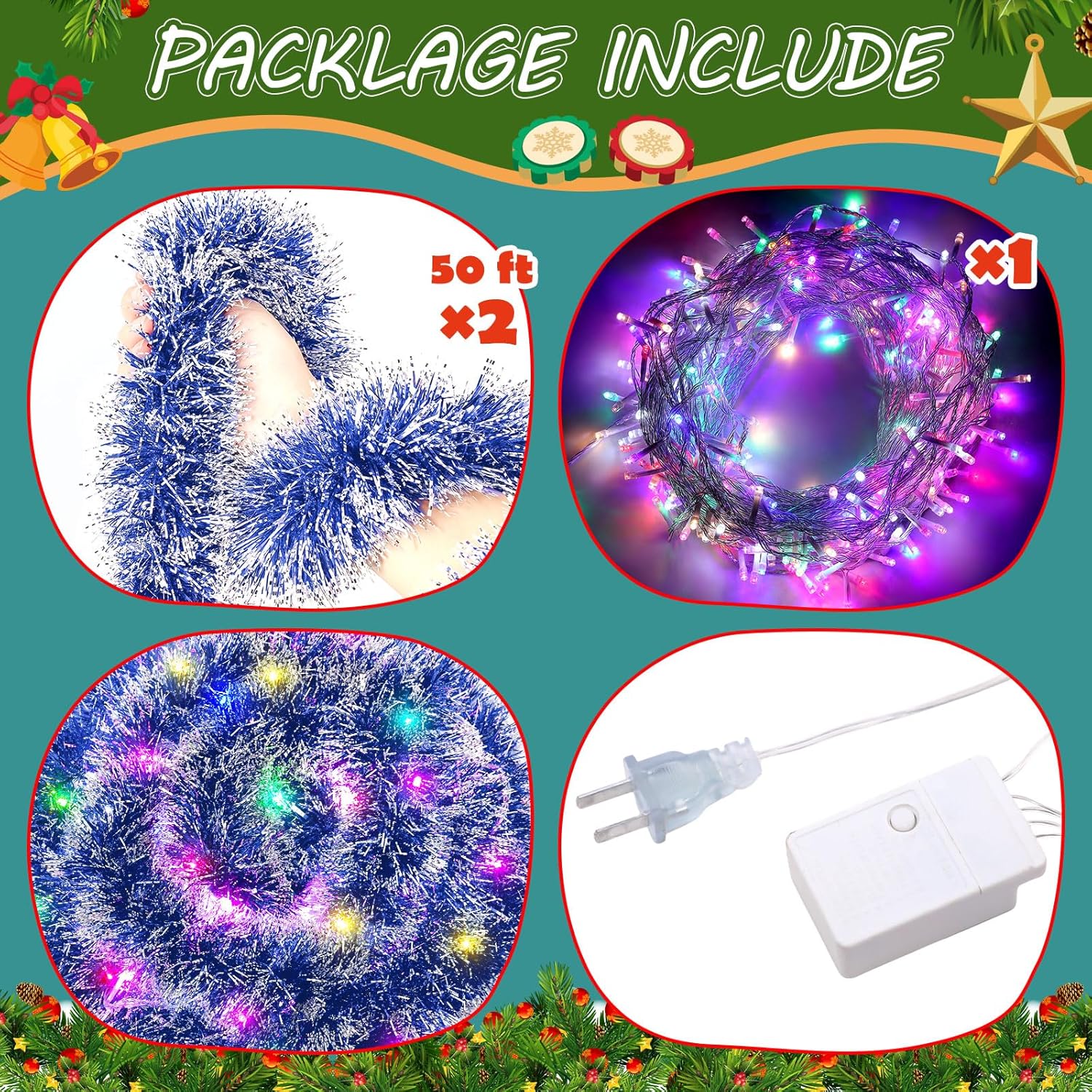 Guirnalda de oropel de Navidad de 100 pies con enchufe, 300 luces LED, guirnalda metálica para colgar, guirnalda de Navidad con luces multicolor
