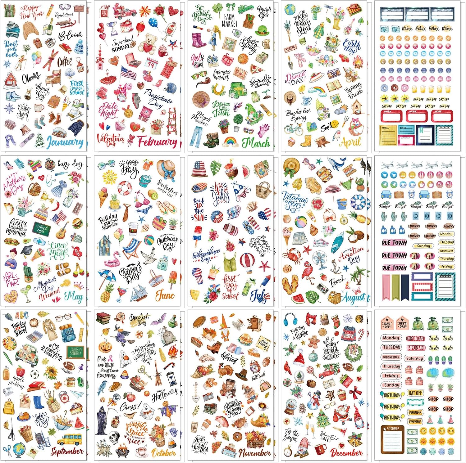 30 hojas de más de 1500 piezas de calcomanías de agenda mensual, paquete de calcomanías vintage de temporada, calcomanías de calendario festivo,