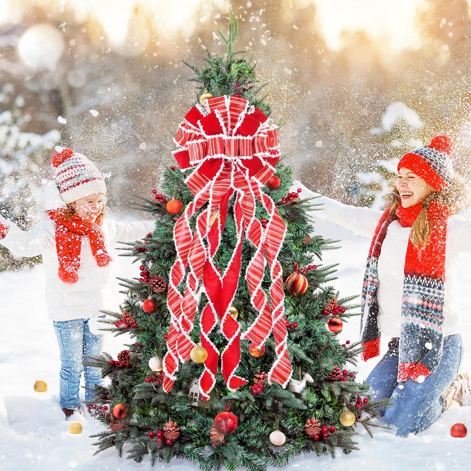 Decoración para árbol de Navidad, lazo grande rojo para árbol de Navidad, arpillera con borde de poliéster blanco, lazo de regalo para adorno de