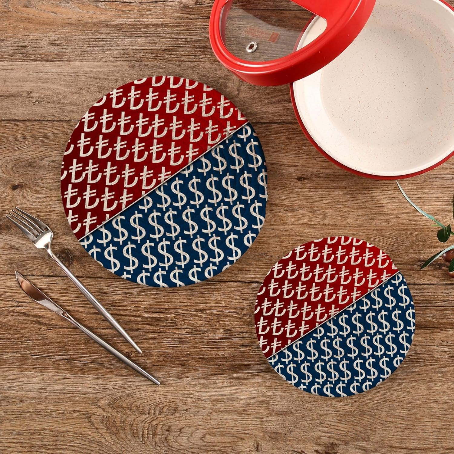 Us Dollar Trivet Pot Holder Turkish Lira Round Woven Potholders Set Kitchen Placemats 2PCS Cotton Rope Table Hot Pads Stylish Coasters Heat