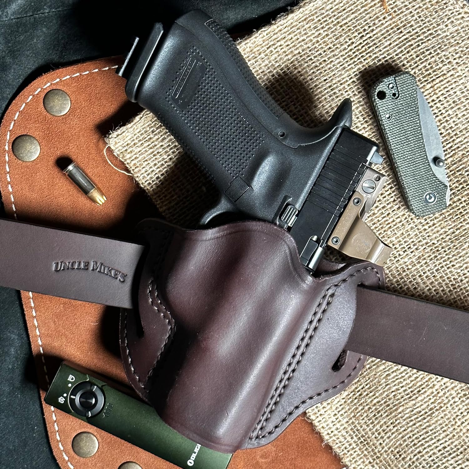 Uncle Mike’s Funda Taurus G3C, funda de cuero OWB para Glock 19, Glock 17, 19, 22, 23, Taurus G2C, M&P Shield 0.354 in, funda Shield Plus, funda