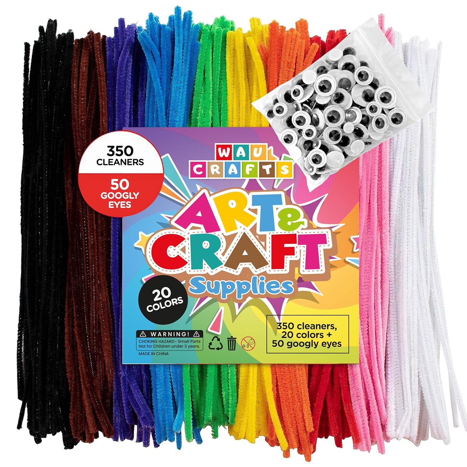 WAU Crafts 350 limpiapipas en 20 colores + 50 ojos saltones  Juego de tallos de felpilla para manualidades y decoraciones de bricolaje (12 pulgadas
