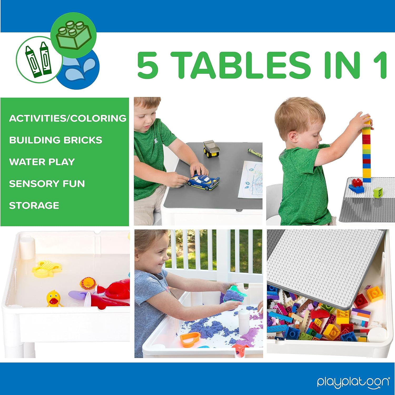 Play Platoon Juego de mesa de actividades y sillas 5 en 1 para niños, mesa de tallo para niños pequeños con mesa de agua, mesa de bloques de