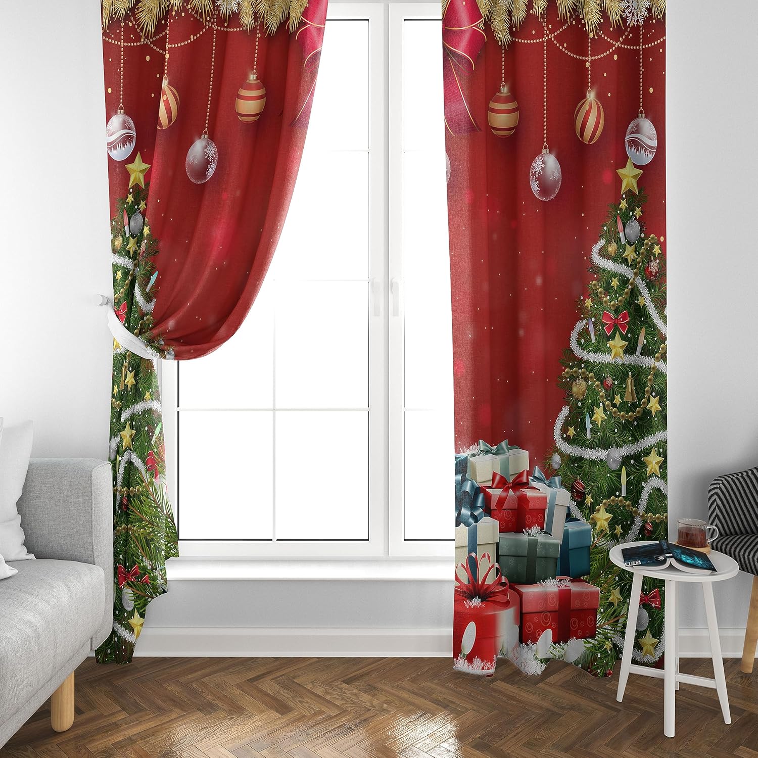 Cortinas de Navidad, árbol de Navidad con regalos coloridos, árbol de Navidad, Graland, bolas de Navidad rojas abstractas, estampado de nieve de