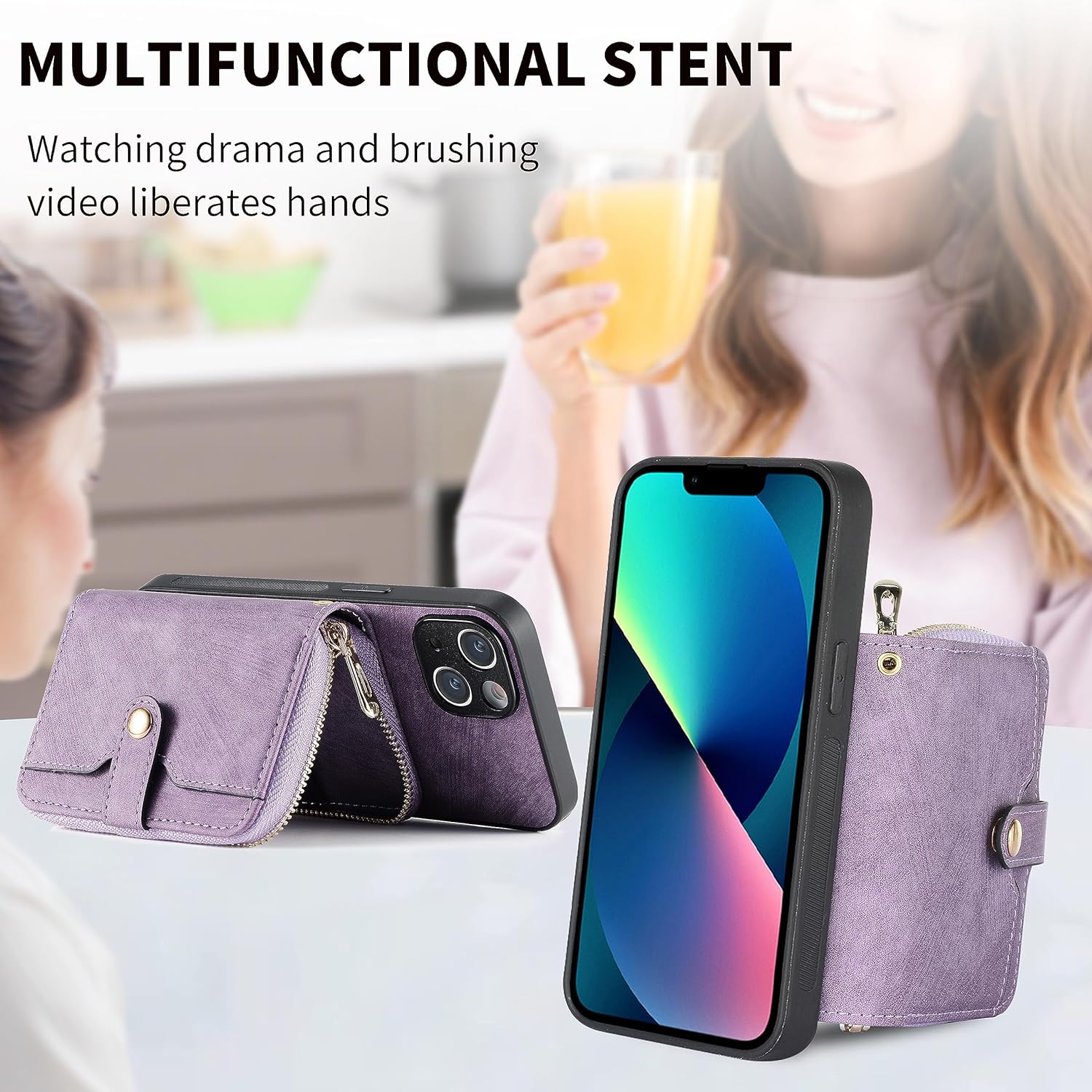 Asuwish Funda de teléfono para iPhone 13 de 6.1 pulgadas con cremallera y ranura para tarjeta de crédito, correa cruzada para el hombro, cordón