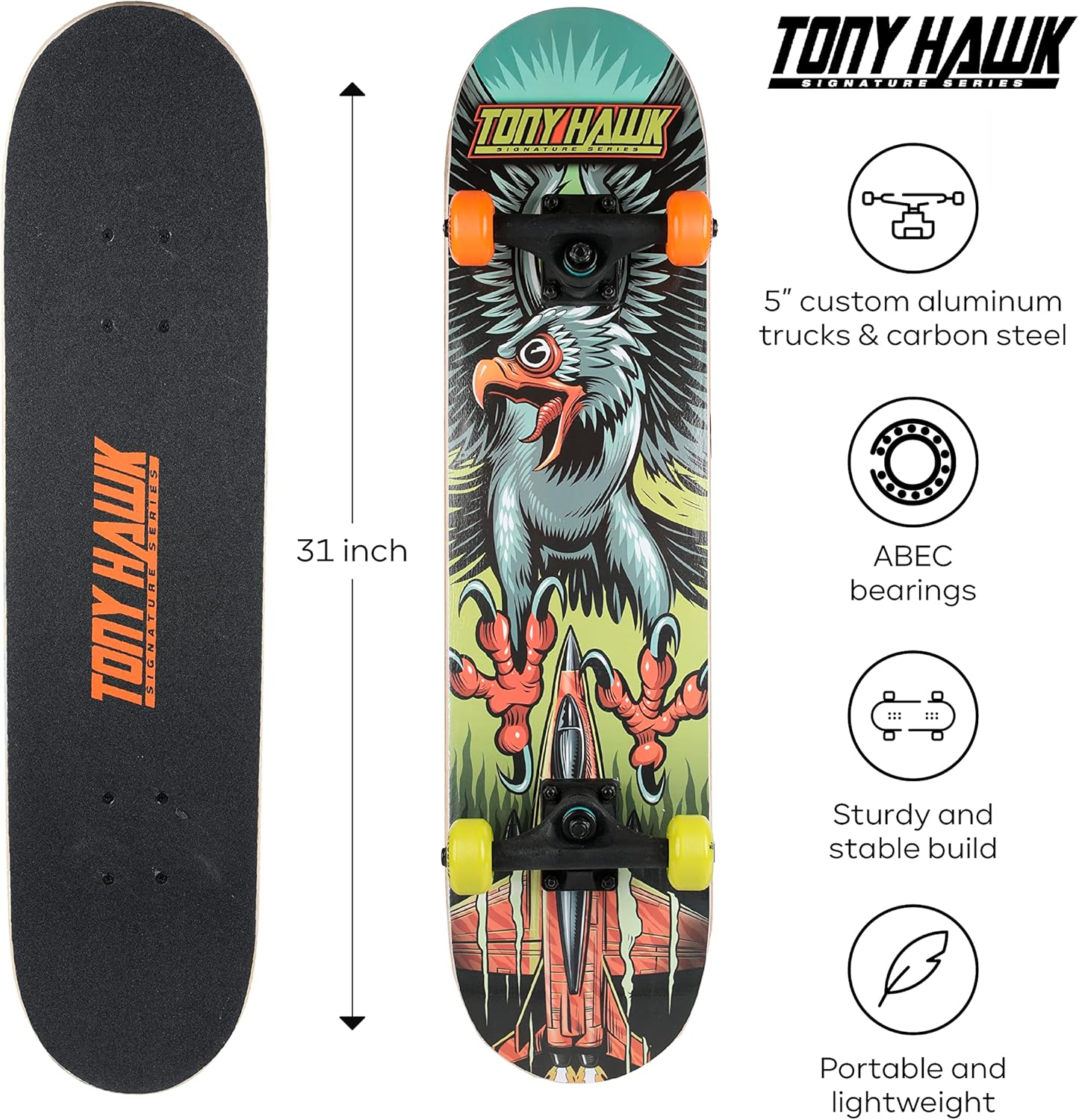 Tony Hawk – Patineta de 31 pulgadas con camiones profesionales, cinta de agarre completo, cubierta de arce de 9 capas, ideal para todos los niveles