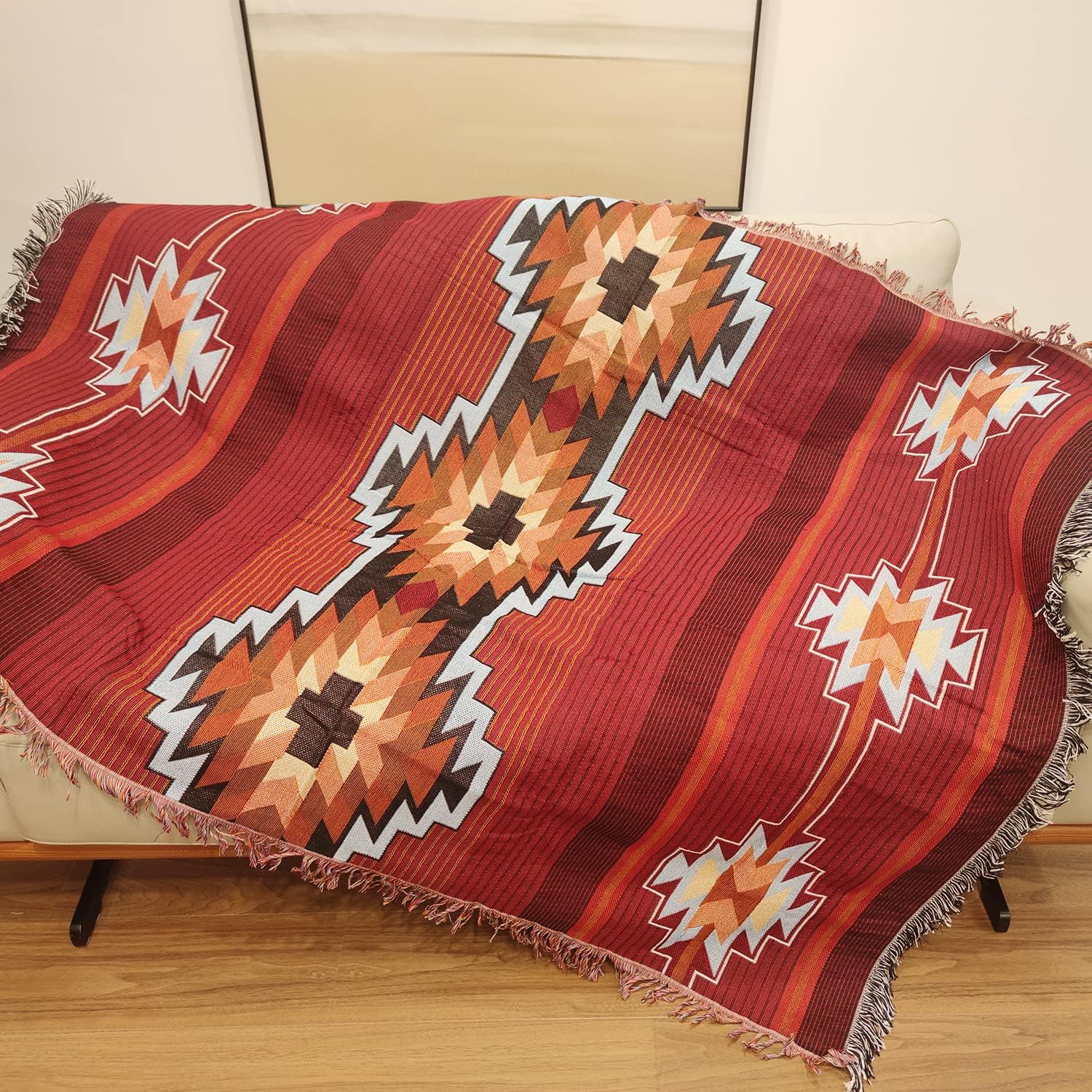 CCHYF Manta azteca roja de nativos americanos, decoración bohemia del suroeste, reversible, con borlas tejidas, mantas y mantas mexicanas para sofá,