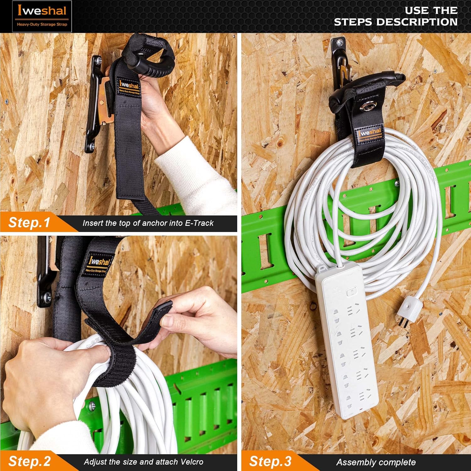 Organizador de cables de extensión para E-Track, paquete de 2 correas de almacenamiento resistentes para cables, cables y mangueras organizadas en