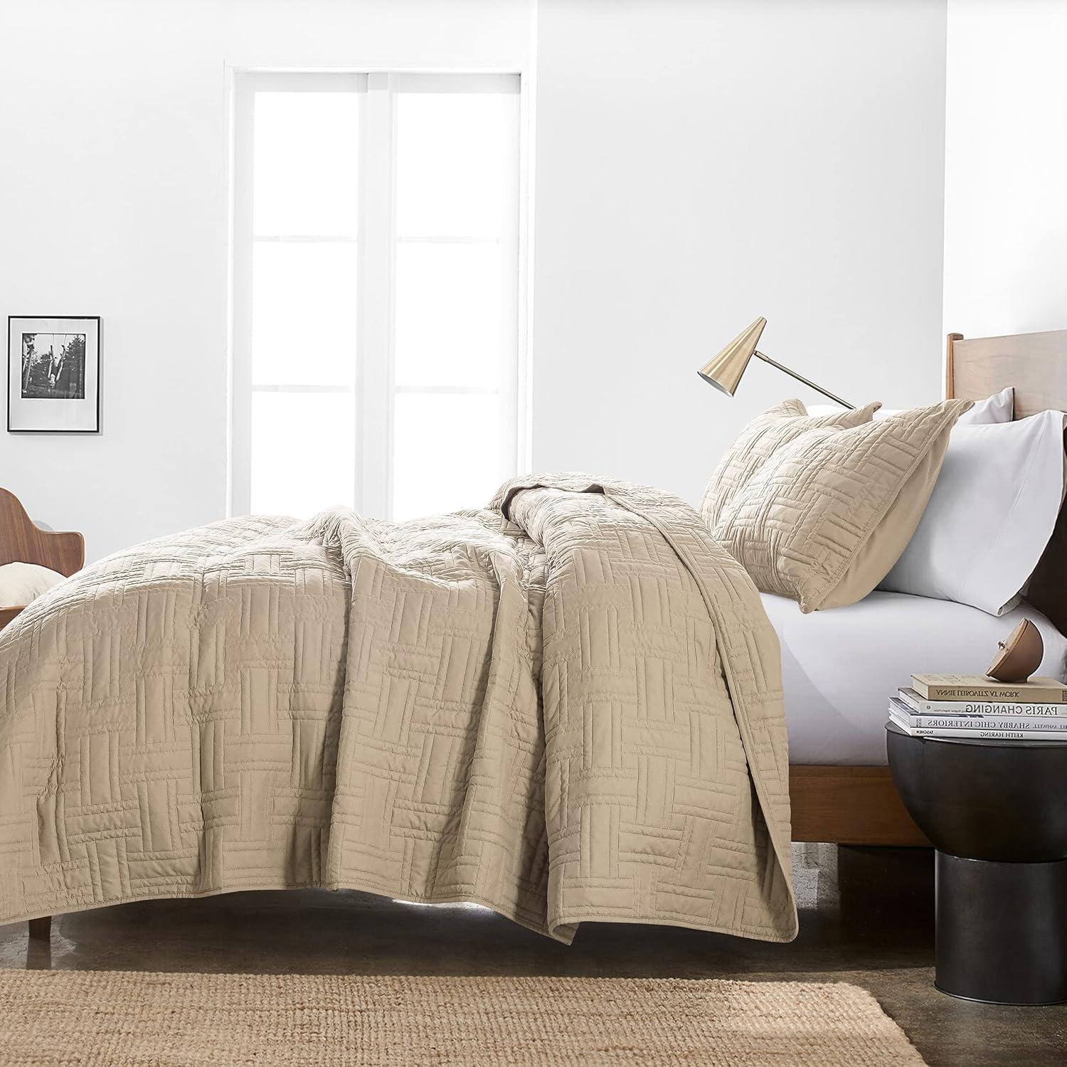 Juego de ropa de cama beige tamaño Queen con fundas de almohada, colcha ligera y suave, manta acolchada de tejido de canasta, funda de cama fina